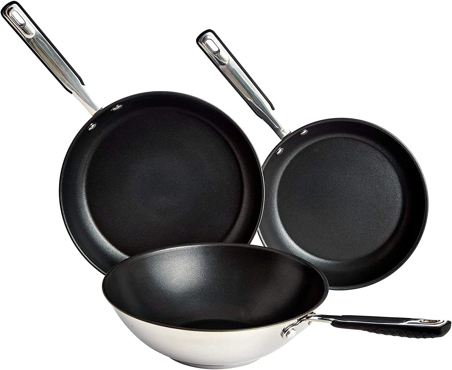Amazon Basics 3-Piece Stainless Steel Non-Stick Induction Frying Wok and Pan Set with Soft Touch Handle, 24/28/28 cm, &BPA, Silver