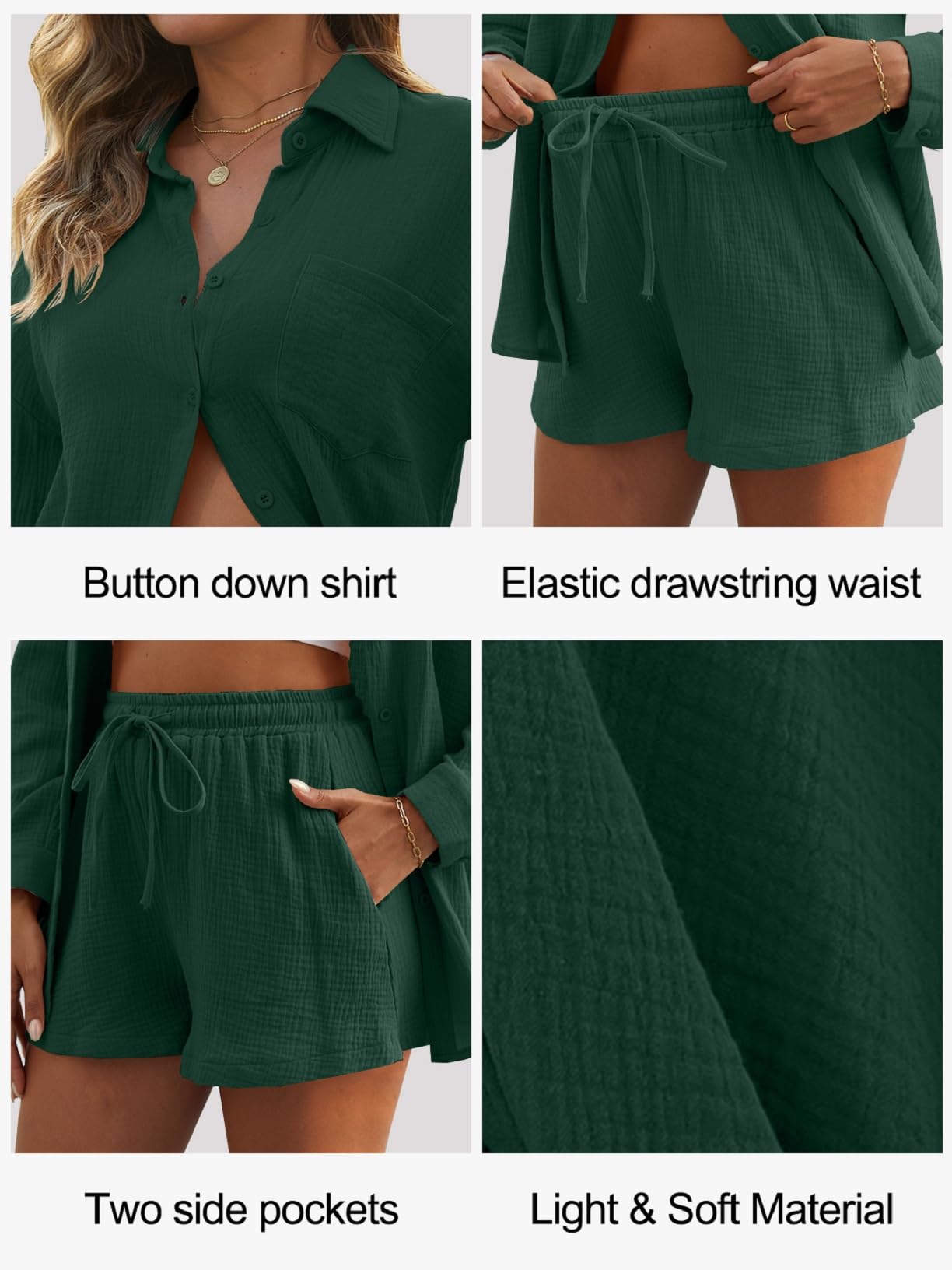 Completo Donna Elegante 2 Pezzi in Lino e Cotone Estivo Tuta da Donna Estivi Camicia a Maniche Lunghe e Pantaloncini con Coulisse e Tasche Casual Completi Sportivo Tuta da Spiaggia