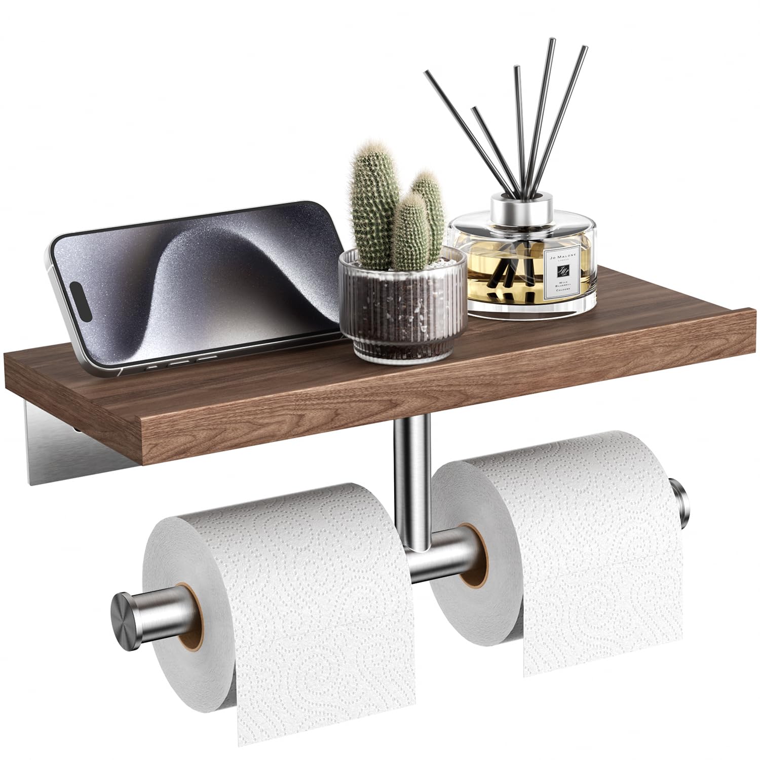 Tindbea Toilet Paper Holder with Wood Shelf, Wooden Wall Mount Tissue Paper Roll Holder, Matte Black Stainless Steel Bathroom Accessories Decor Household Home Apartment Restroom Essentials (Walnut) — Amazon image 7