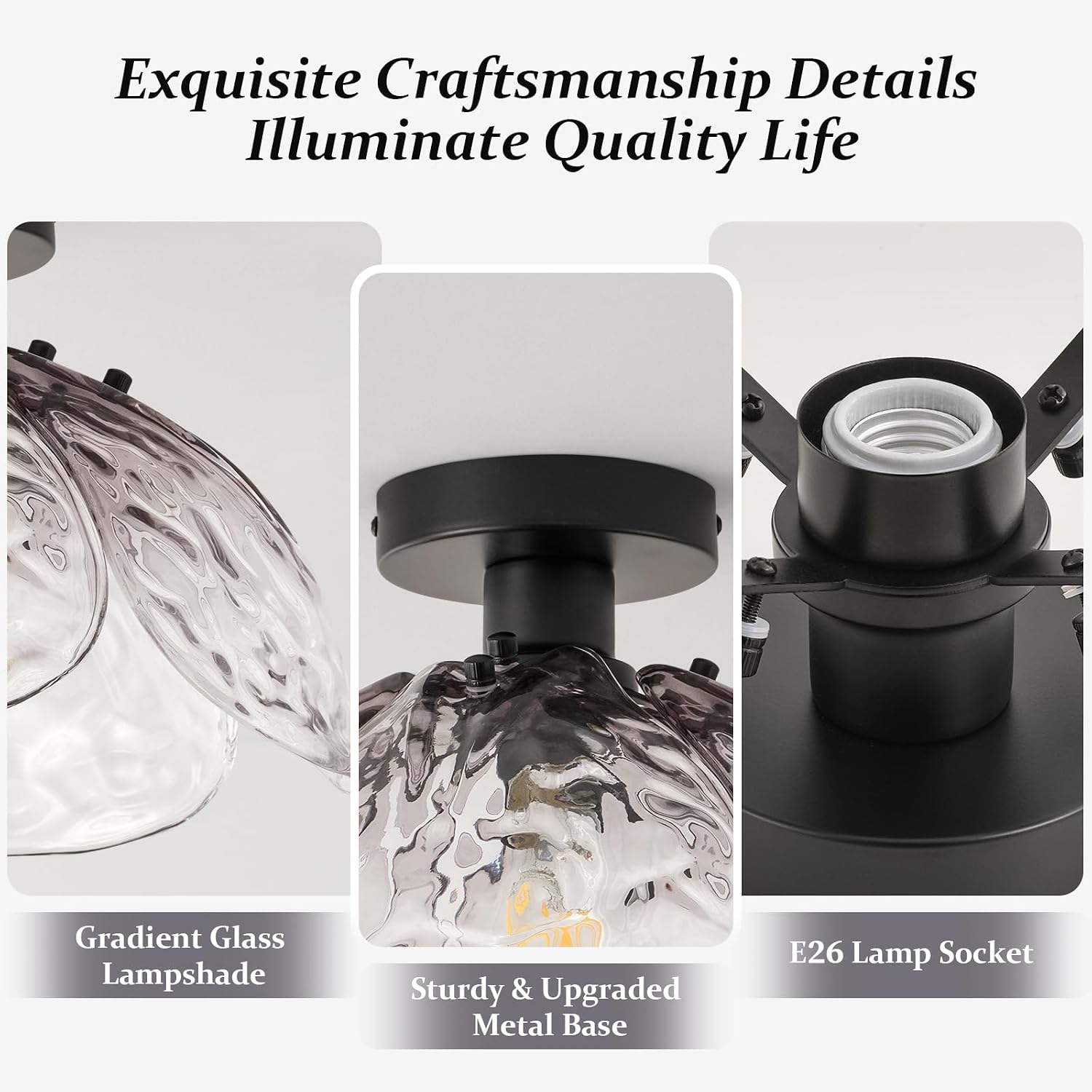 Vintage Semi Flush Mount Ceiling Light,Black Ceiling Light Fixtures with Gradient Smoke Gray Handmade Leaf Glass for Bedroom,Kitchen,Hallway,Entryway