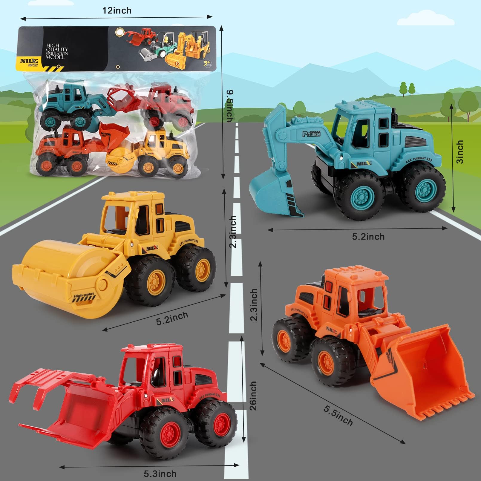 Construction Toys, Friction Powered Construction Truck Toys Vehicles, Push and Go Construction Sand Truck Toys, Outdoor Toys with Bulldozer Excavator Roller Truck Gift for 3-8 Year Old Boys(4Pcs)