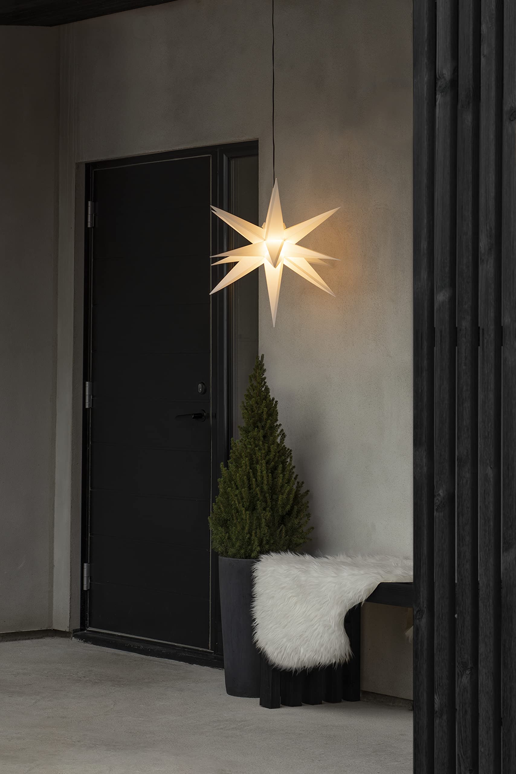Konstsmide Weißer 3-D Kunststoffstern, inkl. Leuchtmittel, außen, 1 warm weiße Diode, E-Trafo 12V/12W Dimmer (IP44), 3W, schwarzes Kabel - 5970-200
