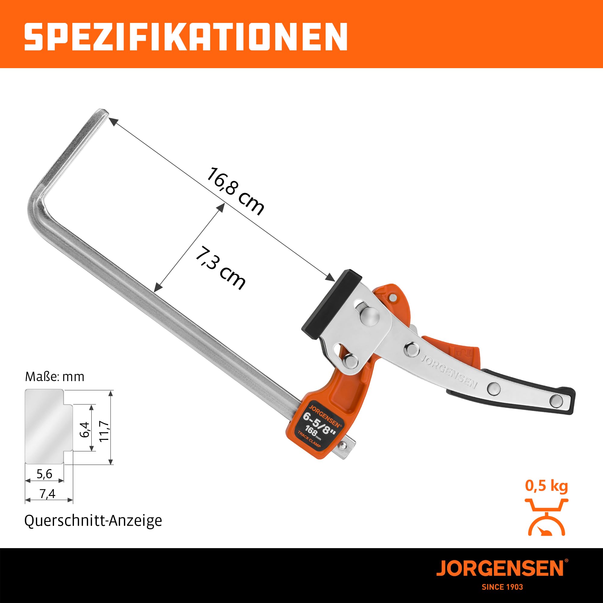 JORGENSEN 2er-Set Schnellspannzwingen, Hebelzwingen für Führungsschienen, mit Verriegelungsmechanismus, Spannkraft bis 181 kg, Spannweite 168 mm