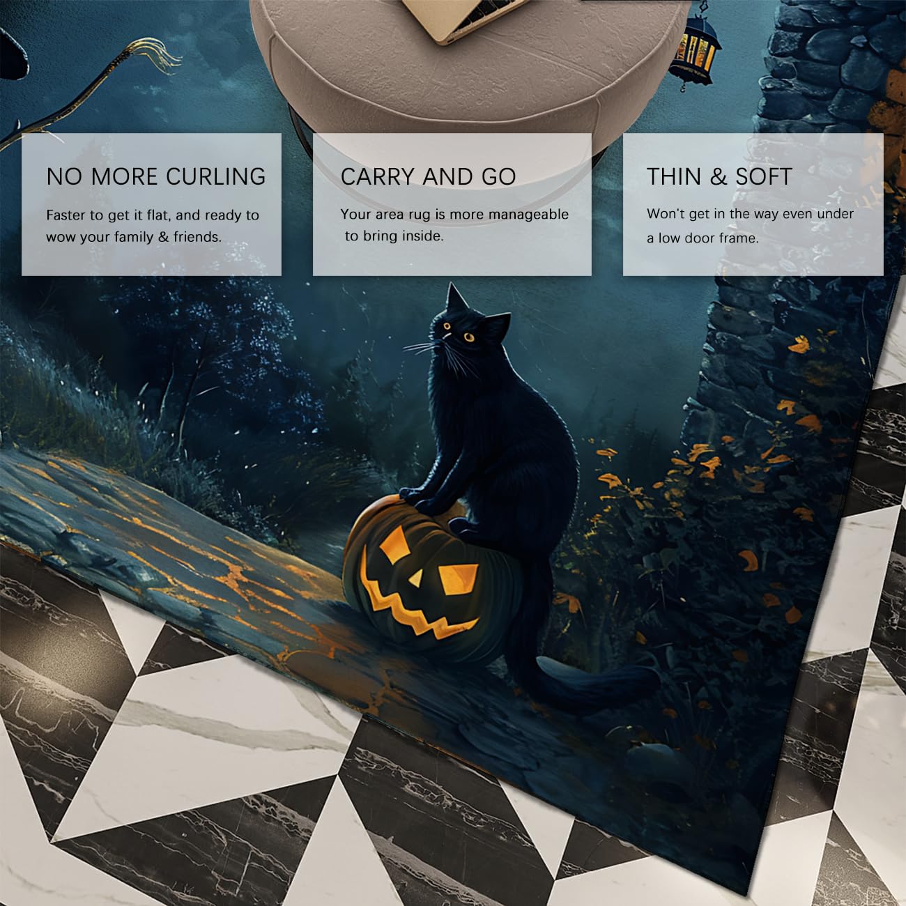 120 x 180 cm Dywan Halloween Czarownica Kot Pełny Kot Czarny Dynie