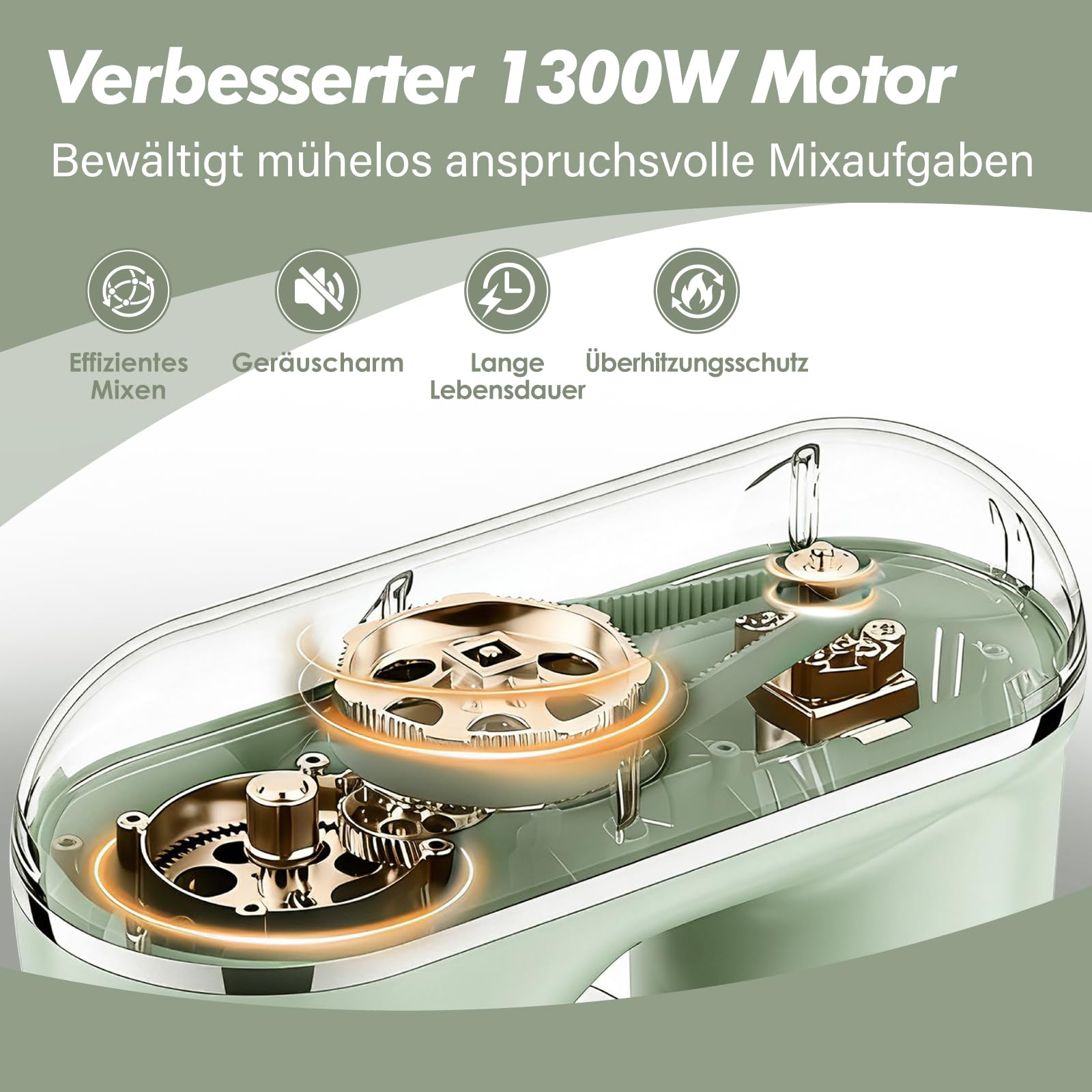 Fab-Serie 6L Küchenmaschine von Kitchen in the box, leistungsstarke Rührmaschine mit 1300W, 10 Geschwindigkeiten, ideal für den täglichen Gebrauch, inkl. Knethaken, Schneebesen & Rührhaken, Grün