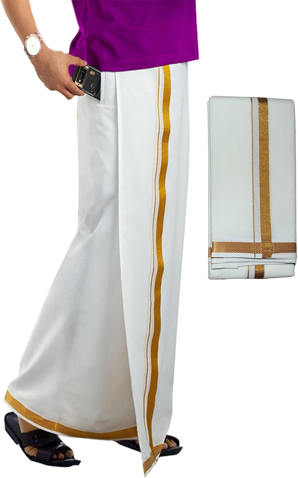 PRAKASAM COTTONMens White Colour Zari Cotton Welcro Pocket Dhoti with Matching Towel