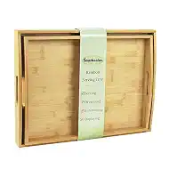 Bamboo Serving Tray with Handles, Set of 2 Wood Serving Trays for Food & Coffee, Elegant Wooden Tray for Breakfast in Bed, Kitchen & Party