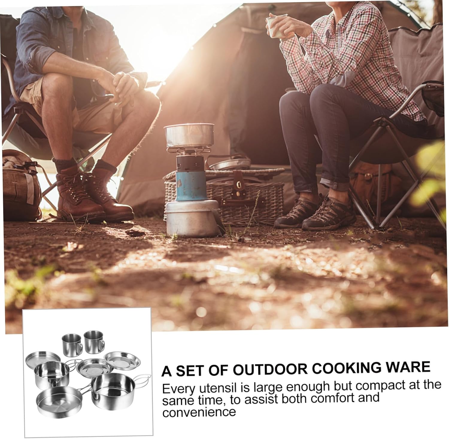 Mikinona 8 Pcs Stainless Steel Camping Cookware Kit with Handles Outdoor Cooking Set for Backpacking Hiking BBQ Picnic Compact Portable Space-Saving Equipment for People