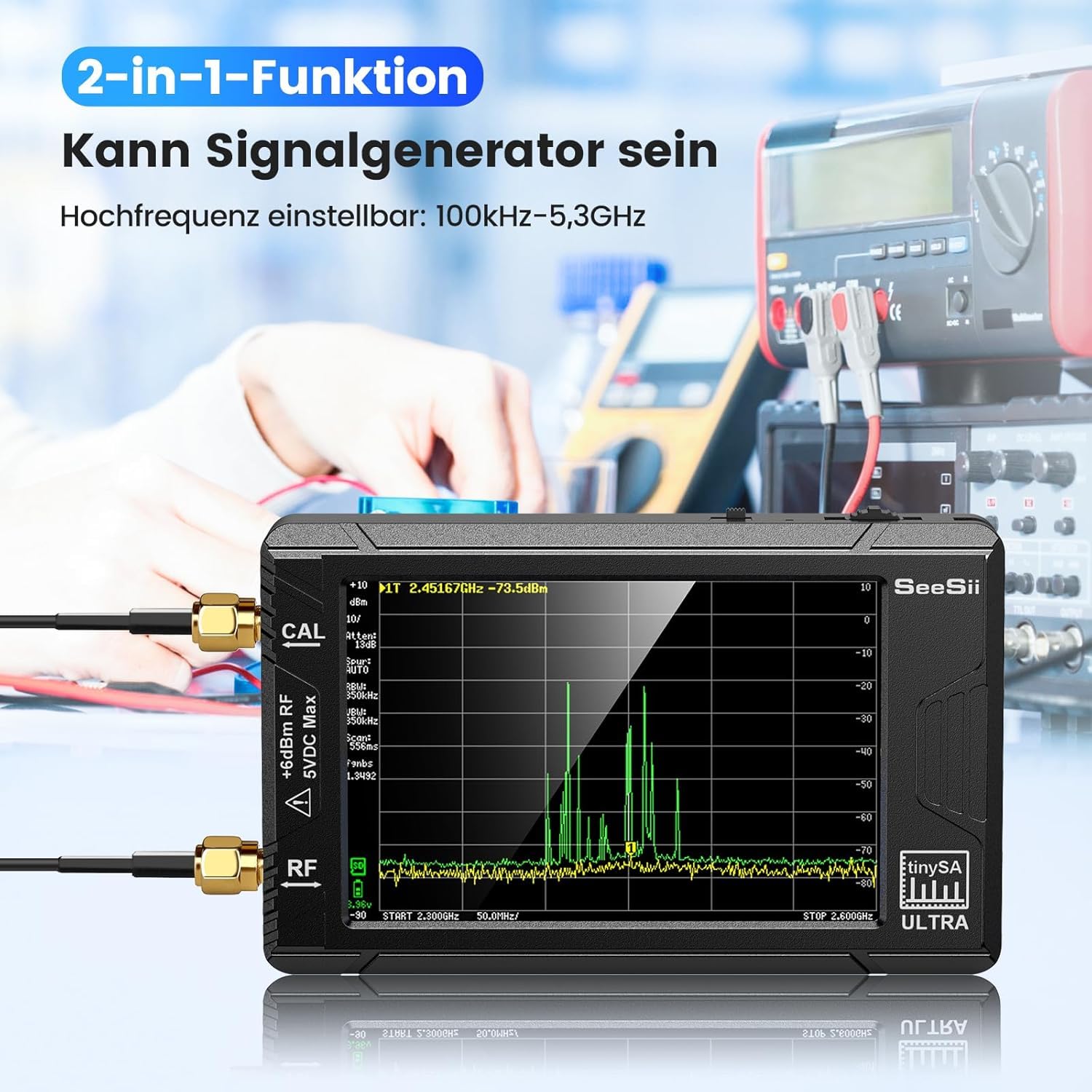 SeeSii TinySA Ultra Spektrumanalysator mit 50W Dämpfungsglied, 4,0 Zoll Frequenzanalysator 100 kHz- 5,3G Hz, 2-in-1 Signalgenerator 100 kHz - 800 MHz MF/VHF/HF UHF Eingang mit 32 GB Speicherkarte