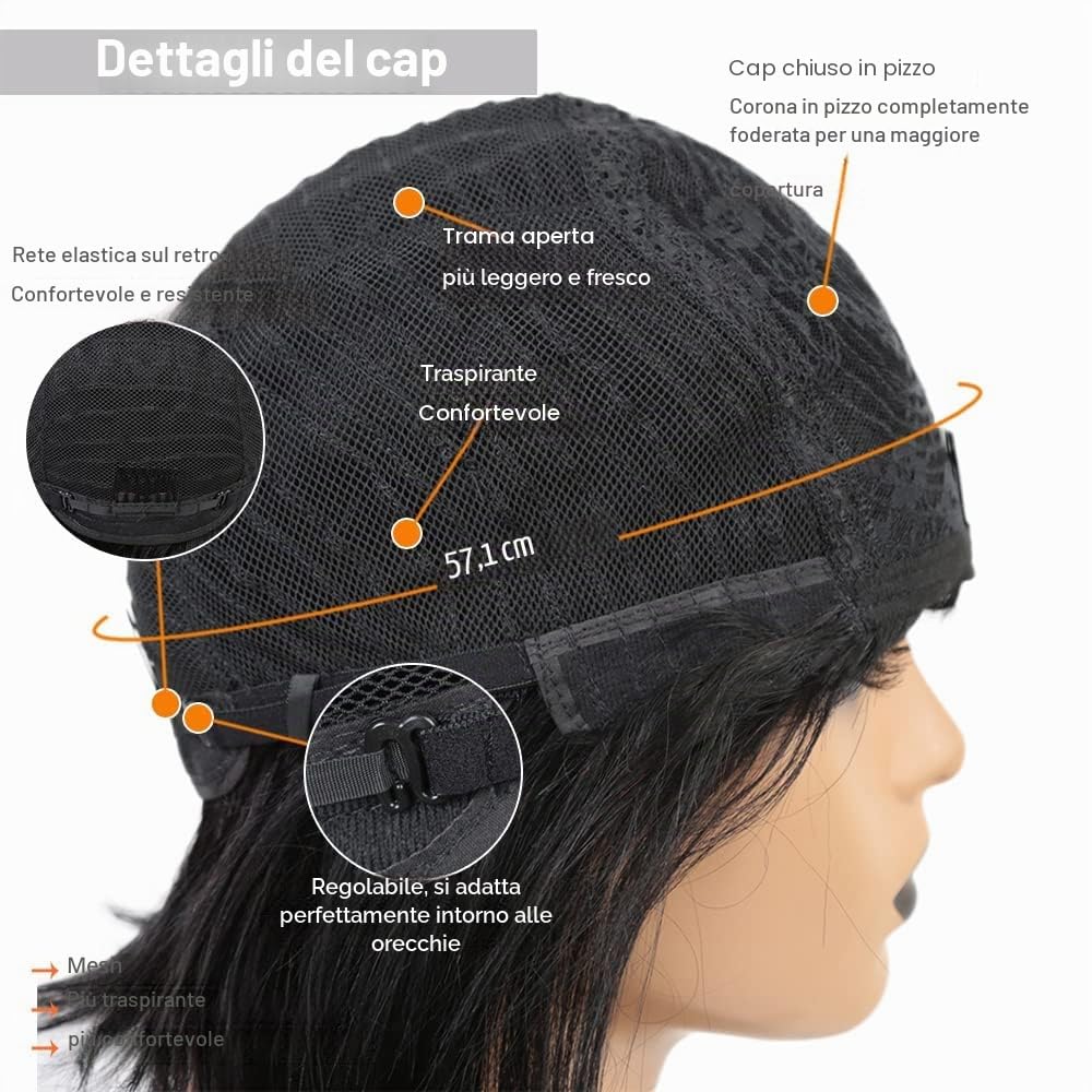 PORSMEER - Parrucca corta a caschetto in capelli umani neri con frangia per donne, realistica, corta e liscia, pronta all'uso, senza colla, capelli veri al 100%, capelli vergini brasiliani remy, per