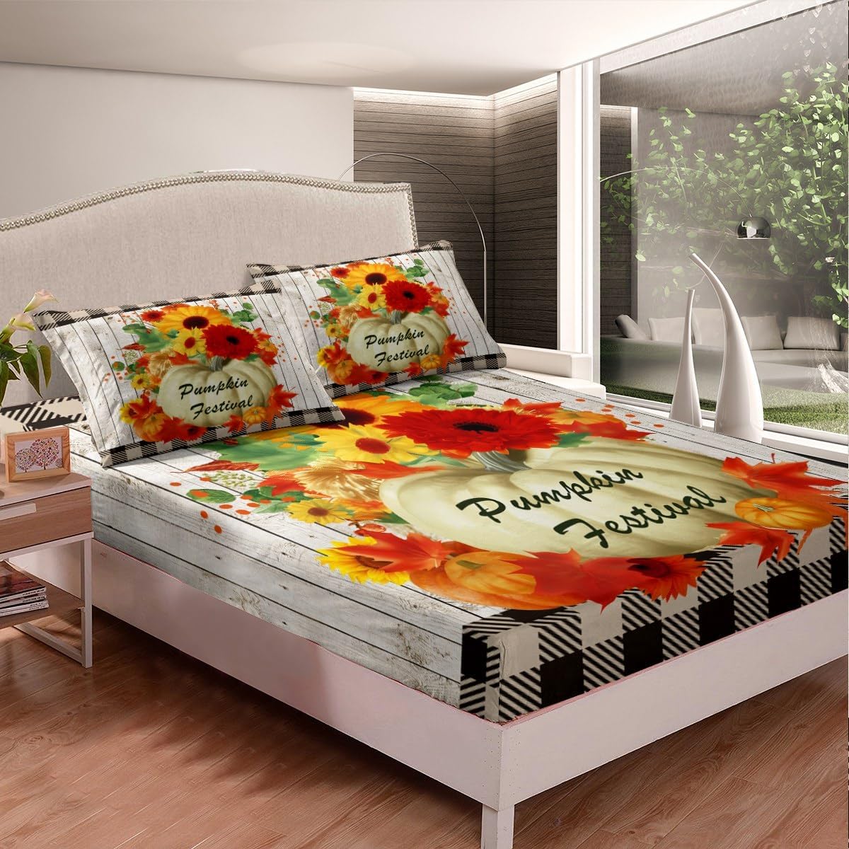 Fall Pumpkin Fitted Sheet Sunflowers Geometric Plaid Bedding Set for Boys Girls Rustic Farmhouse Bed Sheet Set Breathable Maple Leaves Bed Cover Room Decor Twin Size