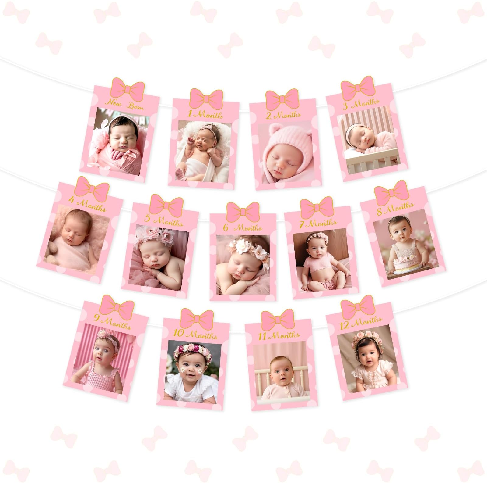 Cartoon Mouse 1st Birthday Decoration Photo Banner for Girl Newborn to 12 Months Pink and Gold Monthly DIY Pink Bow Photo Banner Cartoon Mouse Theme First Birthday Bow 1st Bday Party Girl
