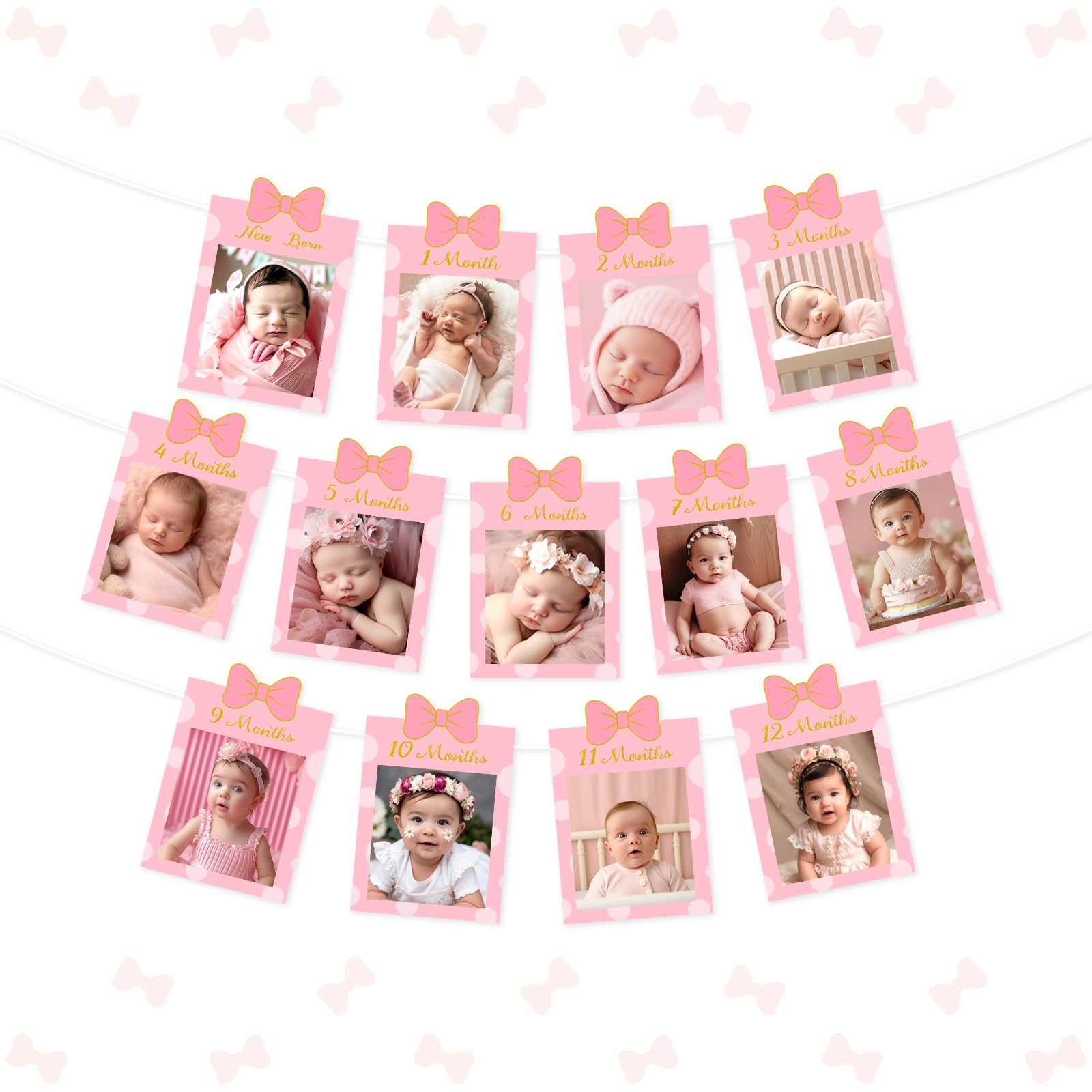 Kreatwow Cartoon Mouse 1st Birthday Decoration Photo Banner for Girl Newborn to 12 Months Pink and Gold Monthly DIY Pink Bow Photo Banner Cartoon Mouse Theme First Birthday Bow 1st Bday Party Girl