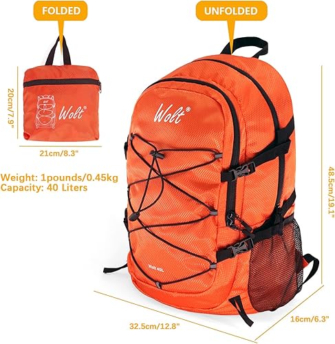 Vista 11 de WOLT Mochila de senderismo plegable ligera de 40L para viajes, camping, deportes al aire libre, Negro -, Mochila de senderismo ligera