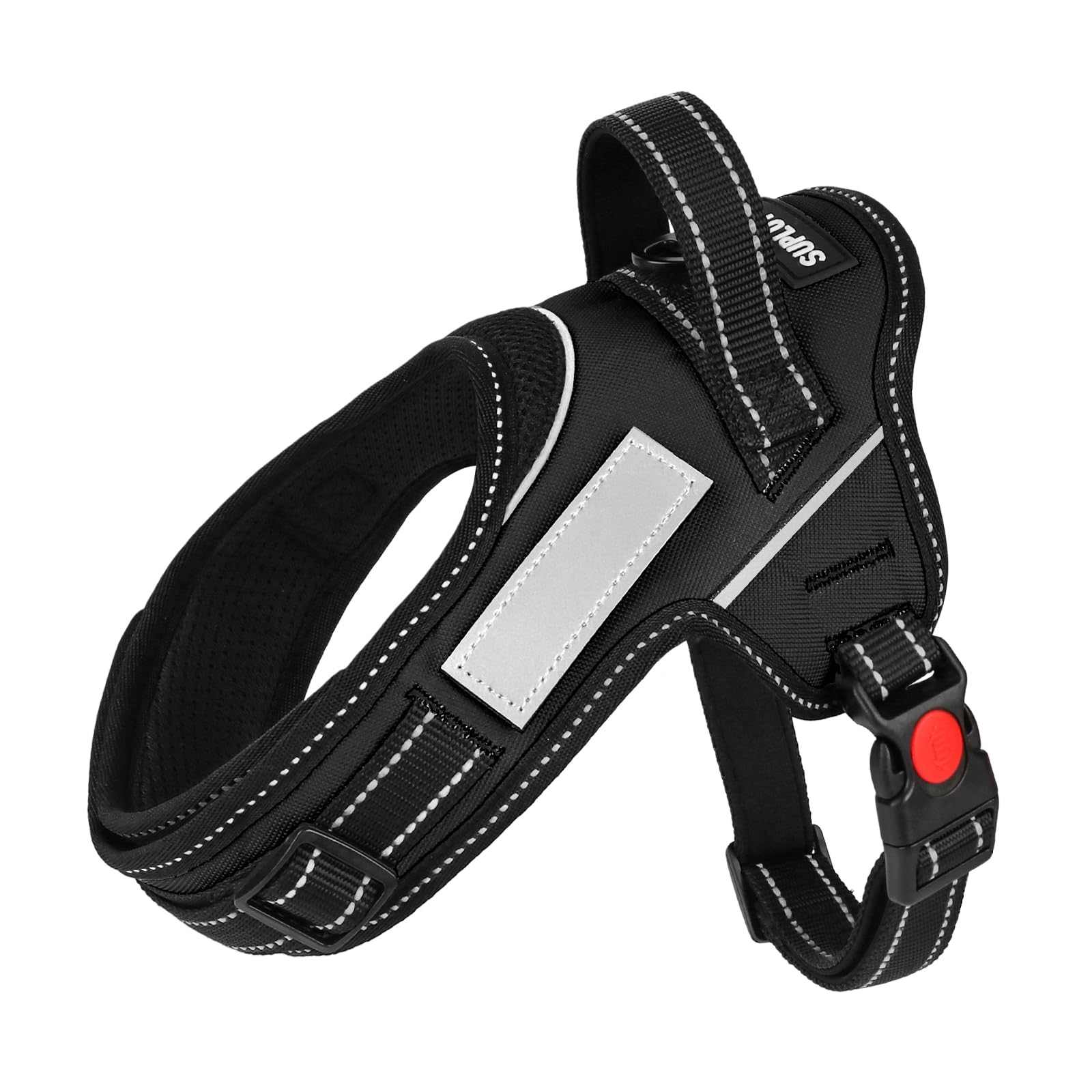 SuplutuX Soft No Pull Dog Harness - Black, Reflective Strips, Customizable Velcro Patches, Adjustable Breathable Vest with Soft Neck Pad & Locking Buckle for Small Medium Large Dogs-S
