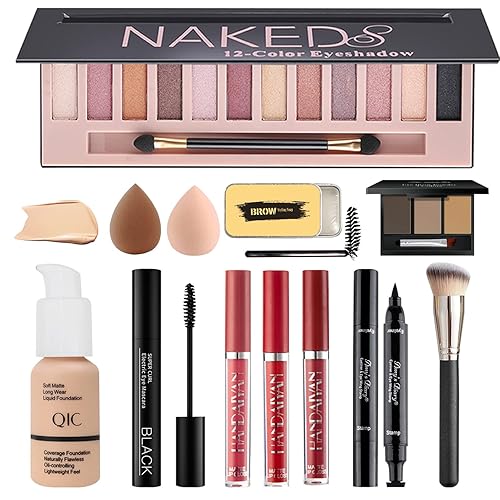 Kit completo de maquillaje todo en uno para mujer, incluye sombra de ojos desnudos de 12 colores, base líquida, juego de lápiz labial, rímel,