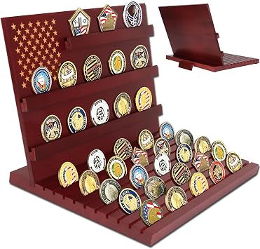 13-Row Challenge Coin Display with Support Stand, 100+ Coins Large Capacity, Solid Wood Military Coin Holder Display Rack for Badges Army Coin , Ideal Gift for Veterans & Collectors - Walnut