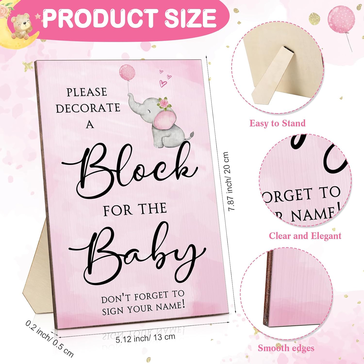 Tatuo 75 Pcs Baby Shower Games Sign Kit Including Decorate a Block Game Sign 50 DIY Wooden Block 24 Acrylic Paint Pens Prize for Baby Shower Gender Reveal Party(Elephant)