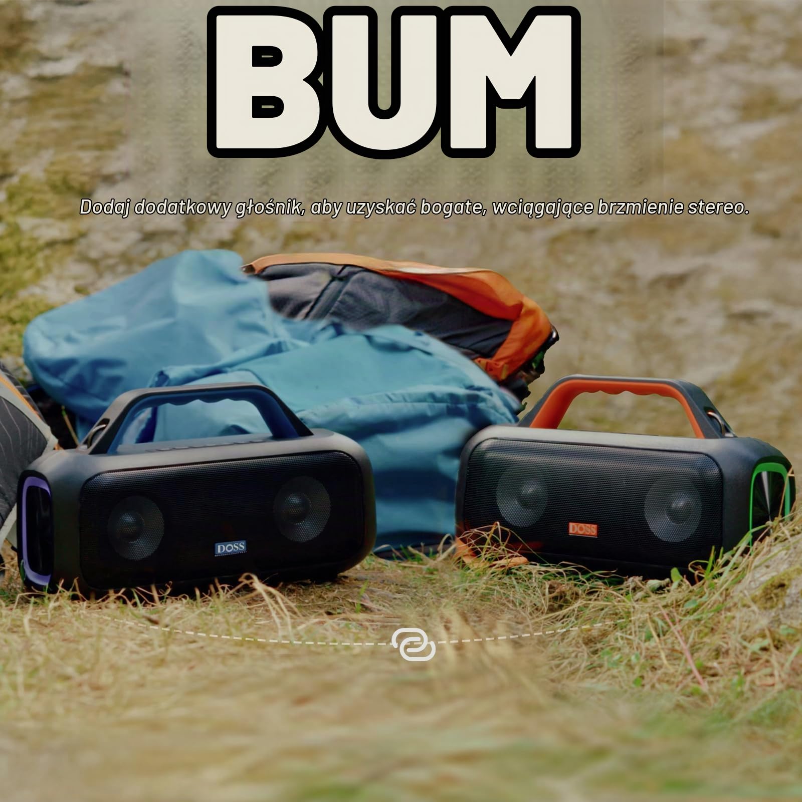 DOSS Extreme Boom S bezprzewodowy przenośny głośnik Bluetooth z dźwiękiem stereo 60 W, bogaty bas, wodoodporność IPX6, czas odtwarzania 25 h, power bank, TWS, światła LED, na zewnątrz, na kemping