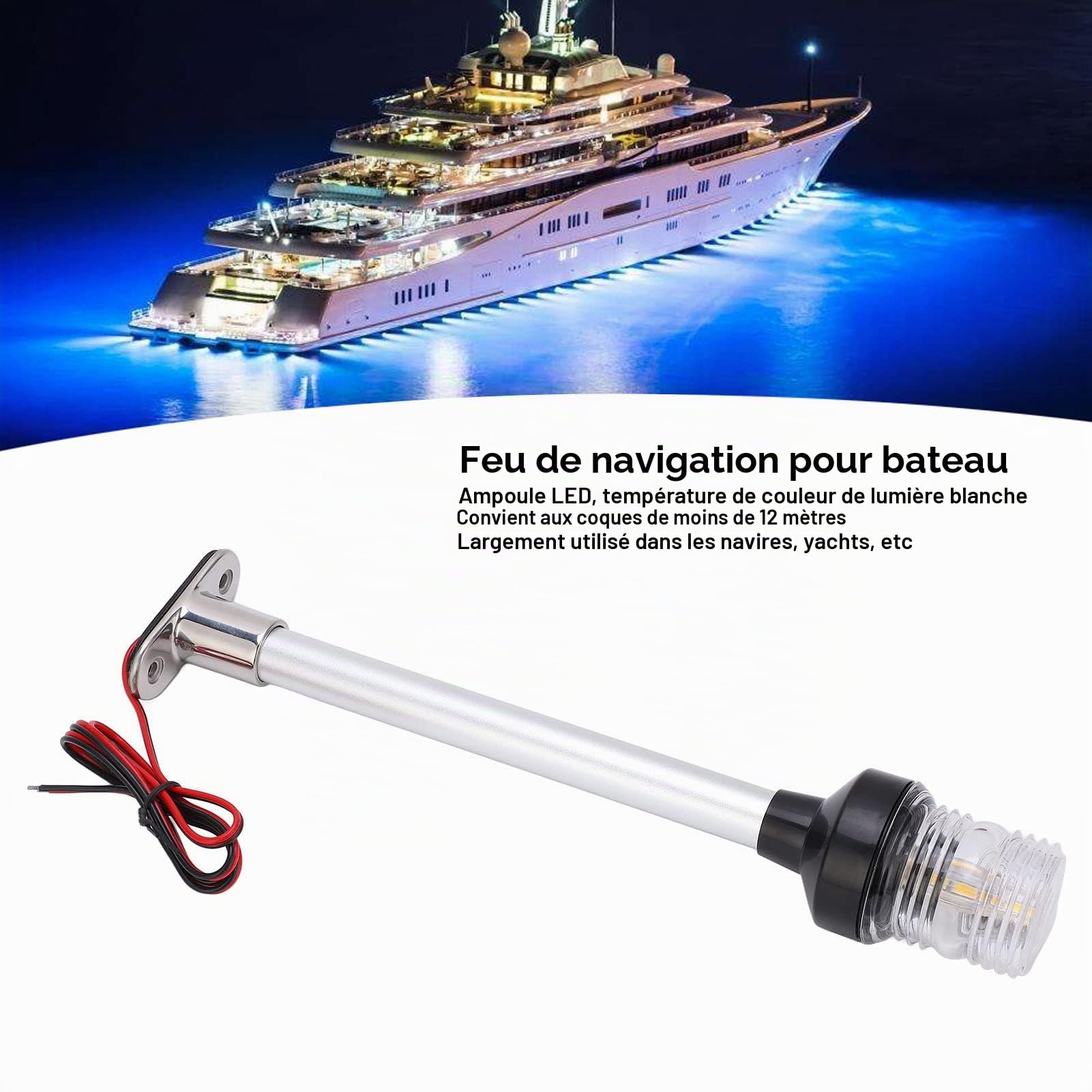 Feu de Navigation de Yacht LED, 4000-4500K Feux de Mouillage Bateau Ronde à 360 Degrés, Lumière Marine Lampe de Signalisation de Voile Blanc pur 12V-24V