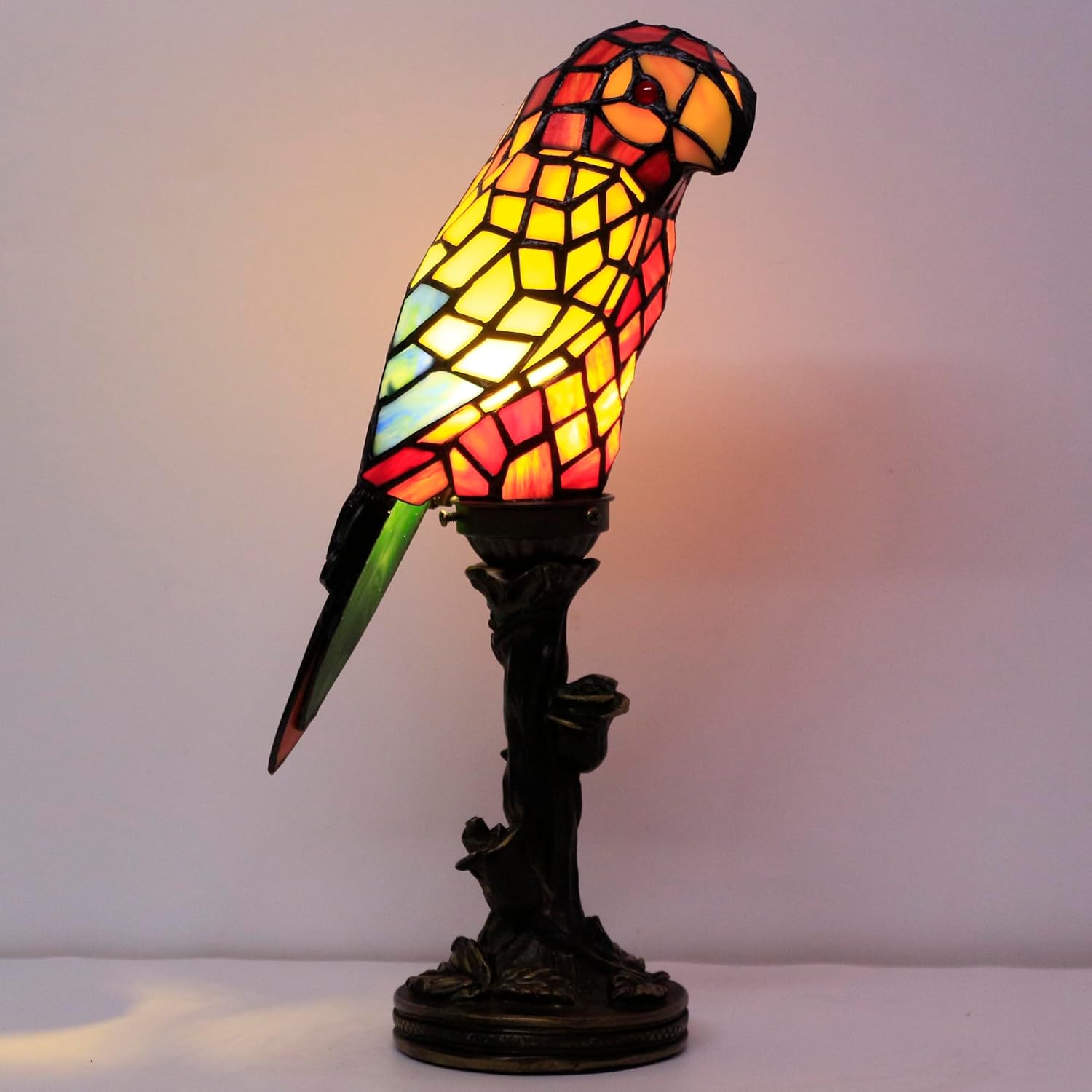 Small Tiffany Lamp Parrot Table Lamp Stained Glass Accent Lamp 15.3 Inch Tall Mini Desk Bedside Night Light for Kids Bedroom (Red)