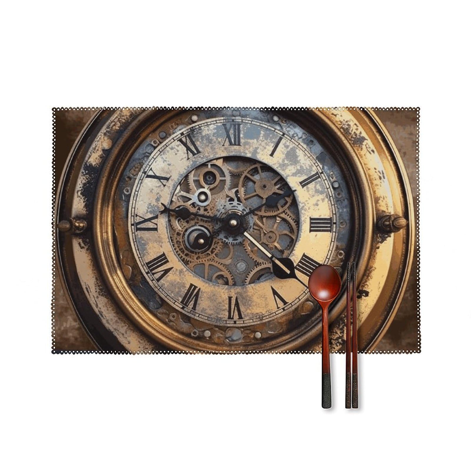 Steampunk Clock Placemats Set of 6 Heat Resistant Woven Placemat Washable Table Mats Non-Slip Place Mats Farmhouse Cloth Placemat for Party Kitchen Dining Decoration Easy to Clean 12x18 Inch