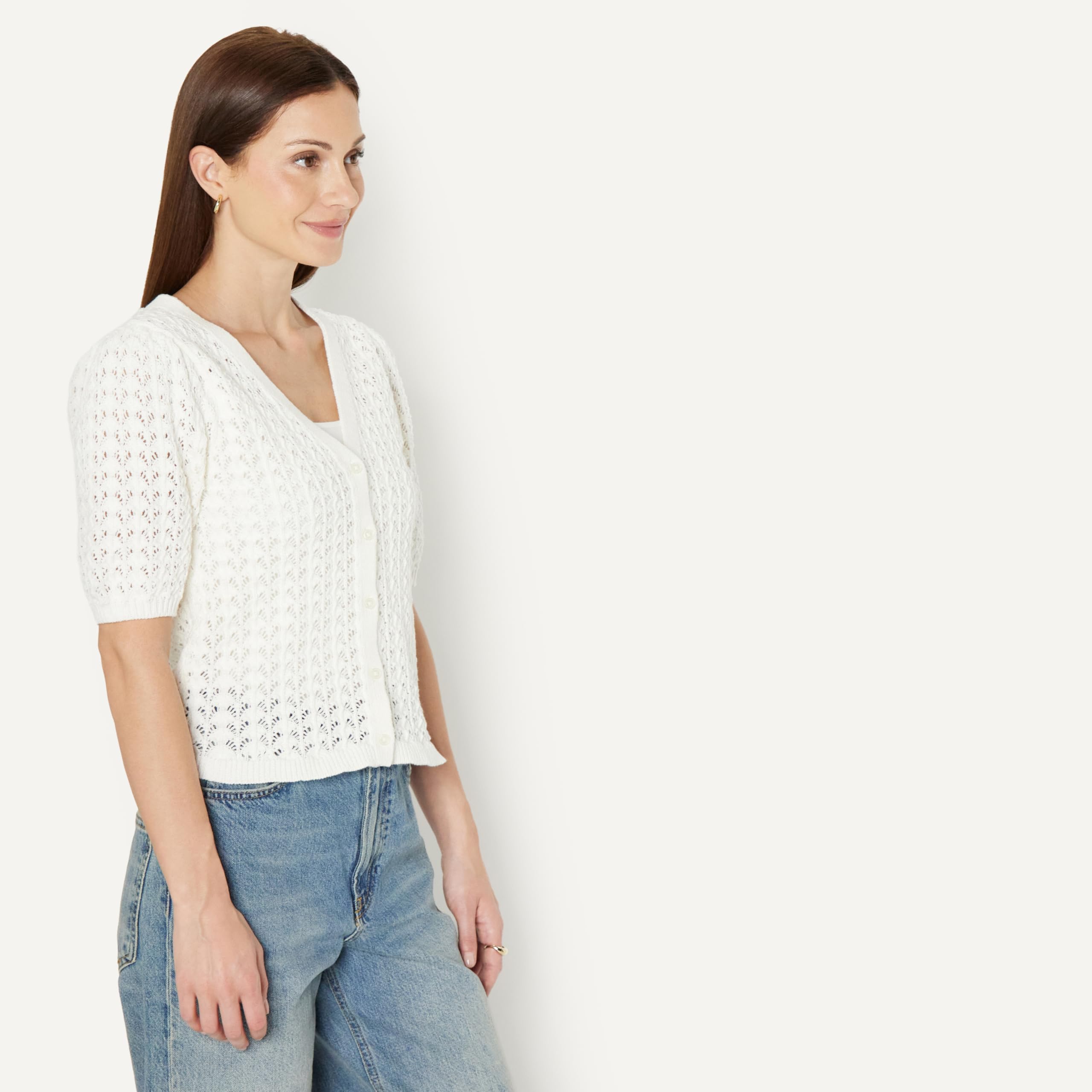 Amazon Essentials Donna Cardigan a Maniche Corte all'Uncinetto dalla vestibilità Comoda