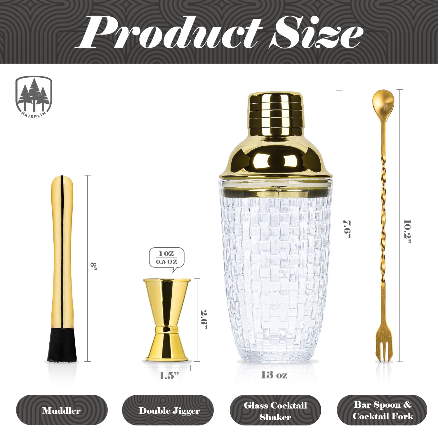 4 Pcs Cocktail Set Mixing Tools for Drinks, Raisaplin Stainless Steel Mixologist Mini Home Bar Bartender Set - Glass Shaker, Extra Long Drink Muddler, 10