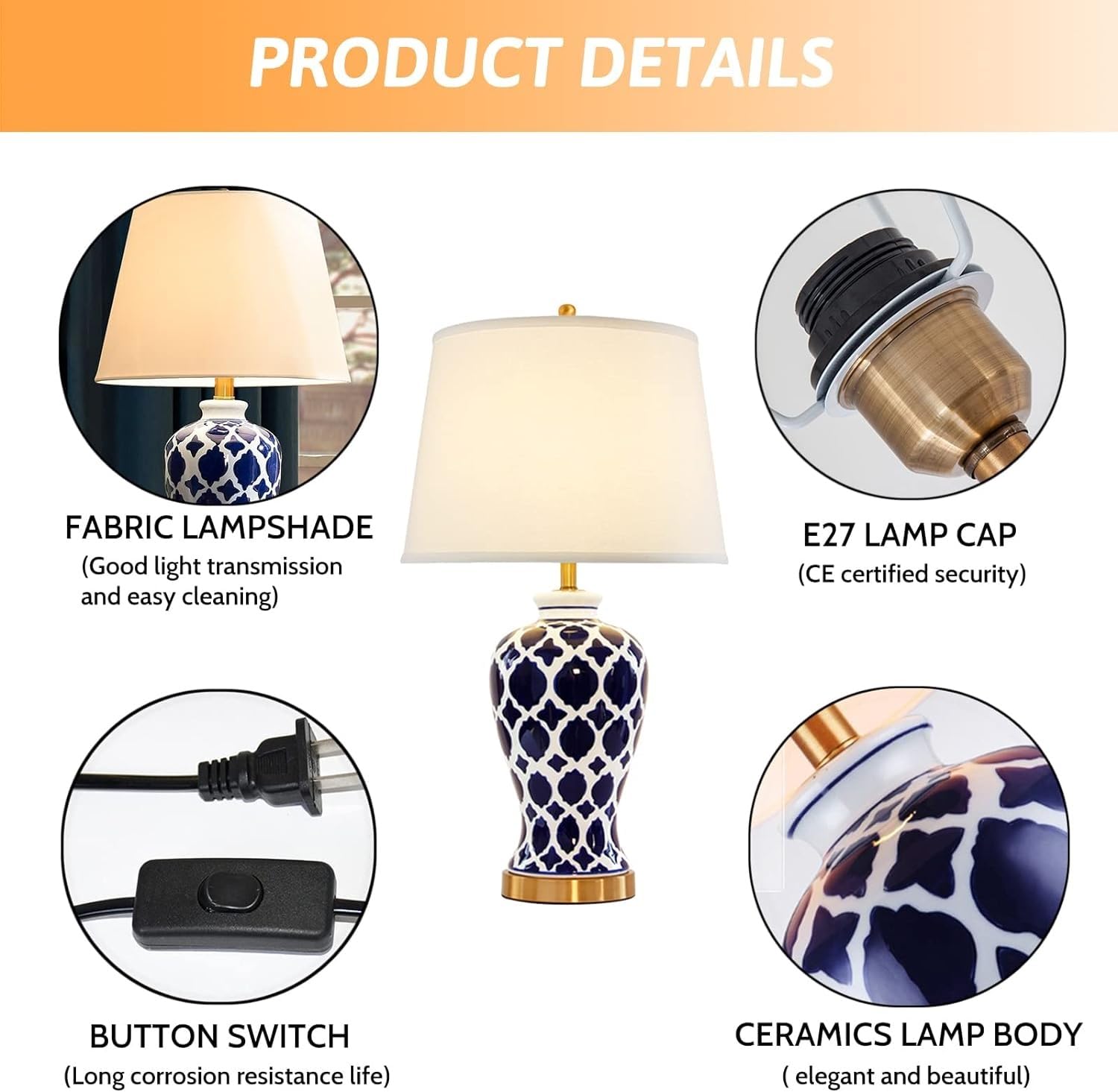 Niebieska i biała ceramiczna lampa stołowa Chinoiserie LED lampa biurkowa z metalową podstawą i abażurem z tkaniny domek przy łóżku biurko nocna lampa stołowa do sypialni, salonu, biura