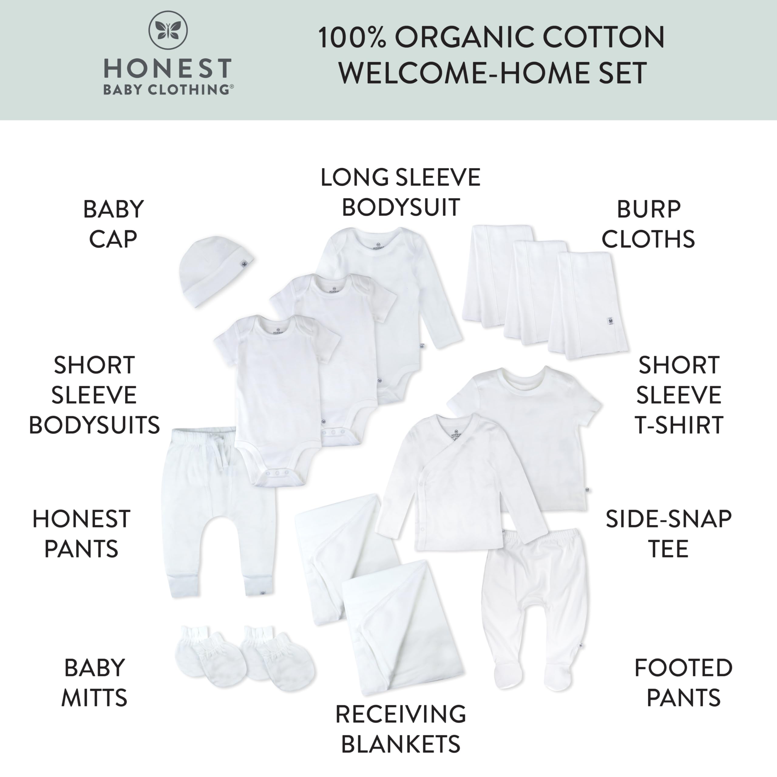 HonestBaby Baby - Juego de regalo de bienvenida a casa de 15 piezas, 100% algodón orgánico para recién nacidos, bebés, niños, niñas, unisex