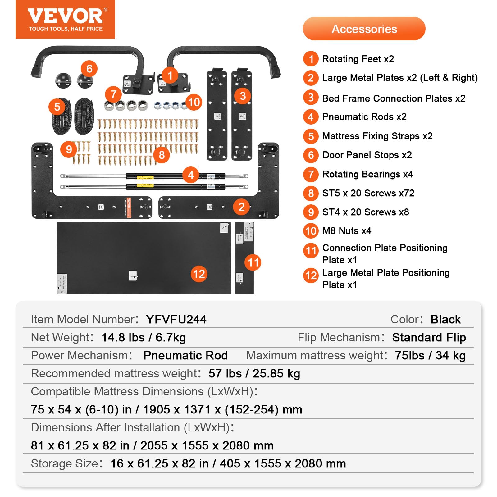 VEVOR Kit de Cama Plegable Tamaño Full Kit de Hardware Mecánico para Cama de Pared Vertical Soporte de Marco de Camas Resistente con Palanca Neumática Ahorro de Espacio con Gabinete Plegable