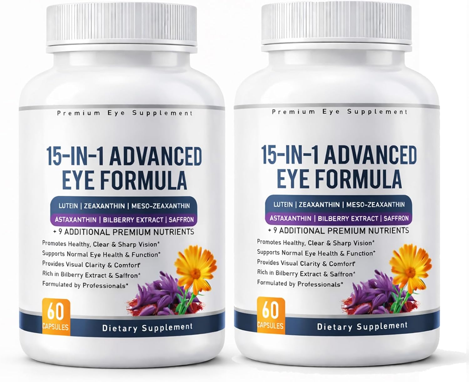 15 in 1 Advanced Eye Formula – Eye Vitamin and Mineral Supplement with Lutein, Zeaxanthin, Zinc & Bilberry Extract – Vision & Focus Support Reduces Dryness,60Capsules (2 PC)