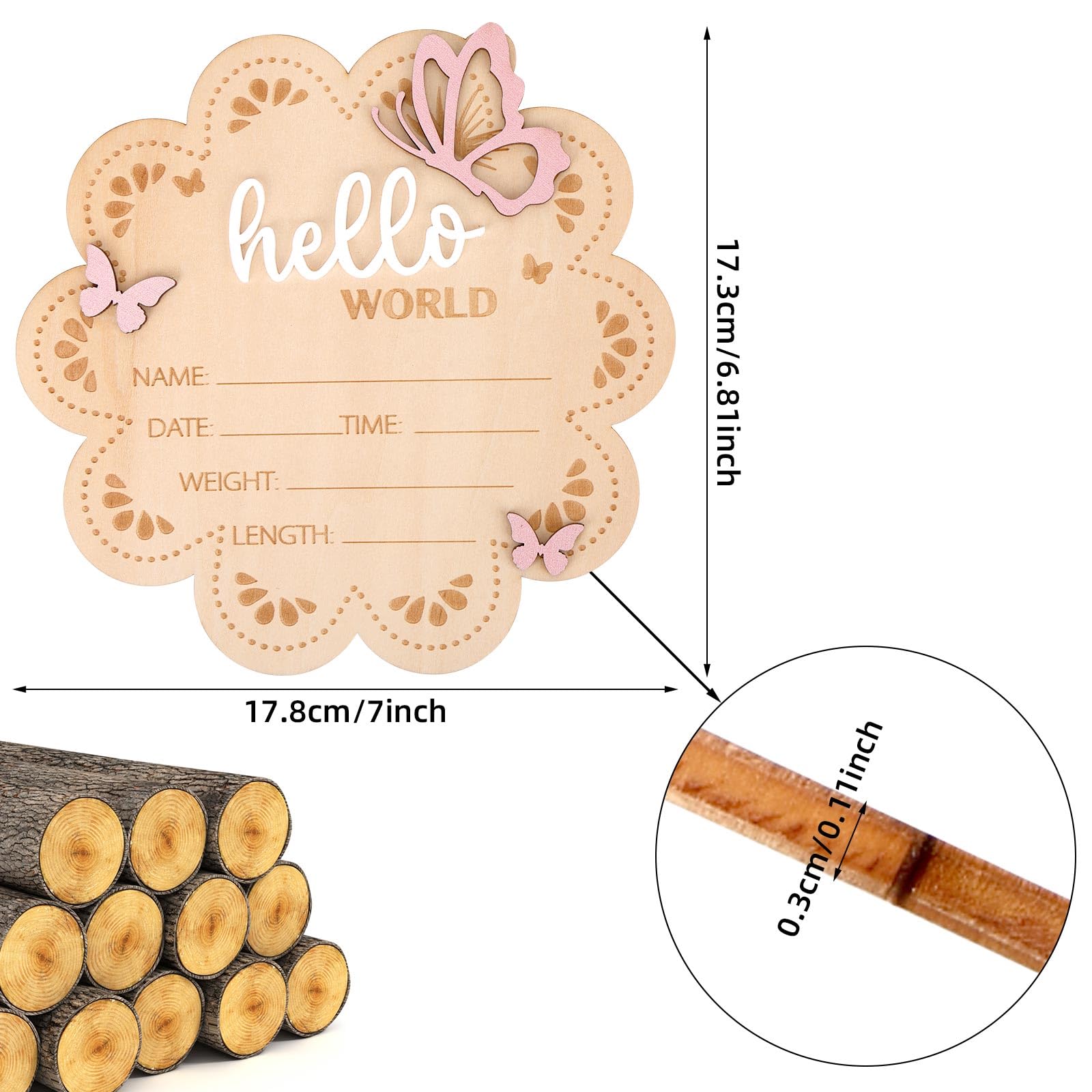 Bonjour le Monde Panneau Annonce de Naissance, Papillon en Bois Plaque Nominative pour Bébé Panneau d'Annonce Naissance pour Accessoires Photo Baby Shower Hôpital Décoration Chambre d'Enfant
