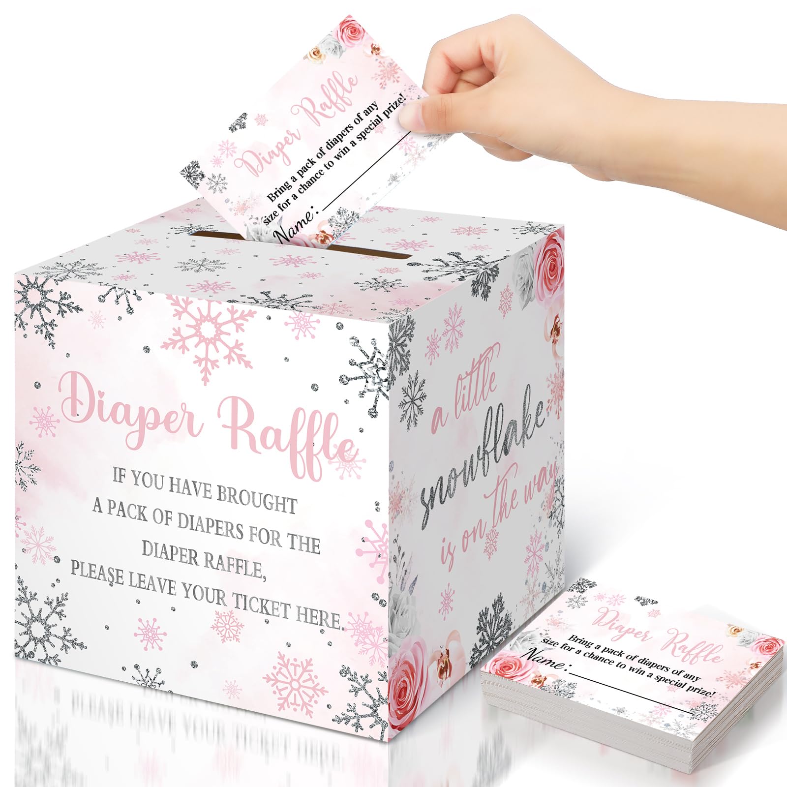 Teling 51 Pieces Diaper Raffle Tickets with Card Box,Pink Snowflake