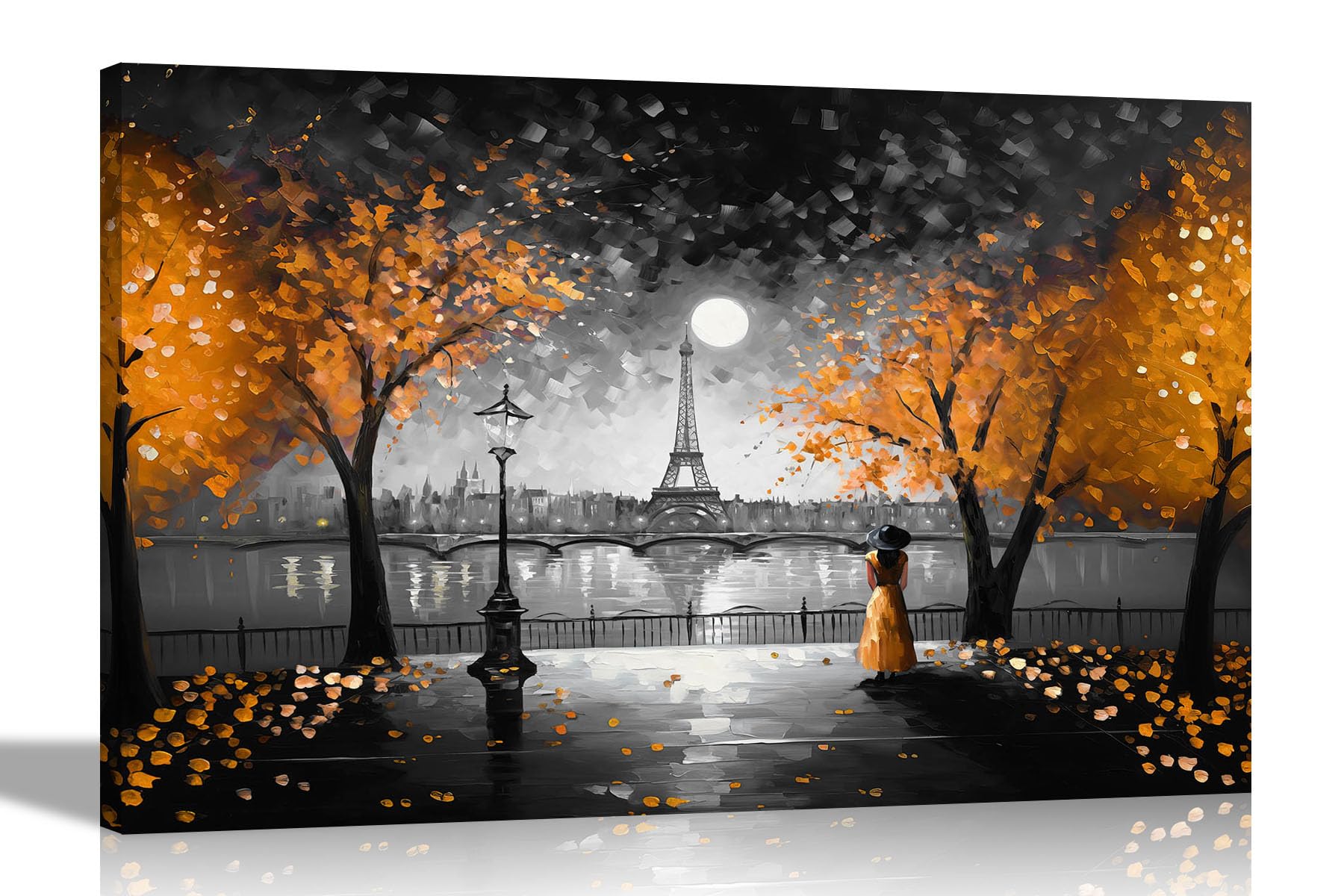 Artley Prints Orange Black And White Moonlight Eiffel Tower Orange Abstract Wall Black And White Canvas For Living Room, Bedroom, City Pictures Ready To Hang Prints 40 X 30Cm (16 X 12 Inches) A3