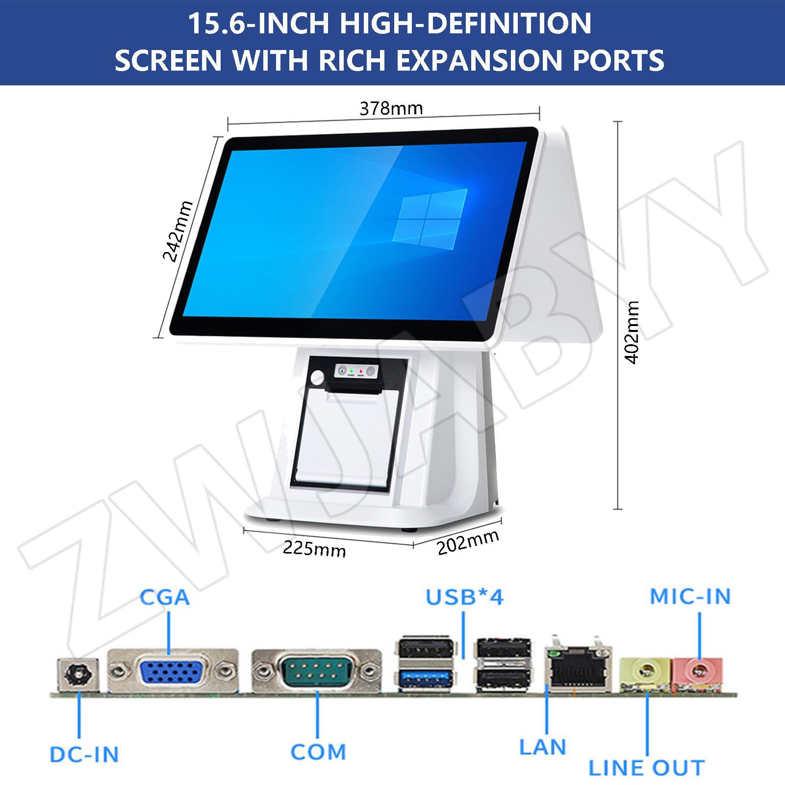 Monitor registratore di cassa POS All-in-One, doppio touch screen da 15,6 pollici, CPU I5, 8 GB di RAM, SSD da 128 GB, Windows, stampante termica integrata da 58 mm,per piccole imprese, ristoranti