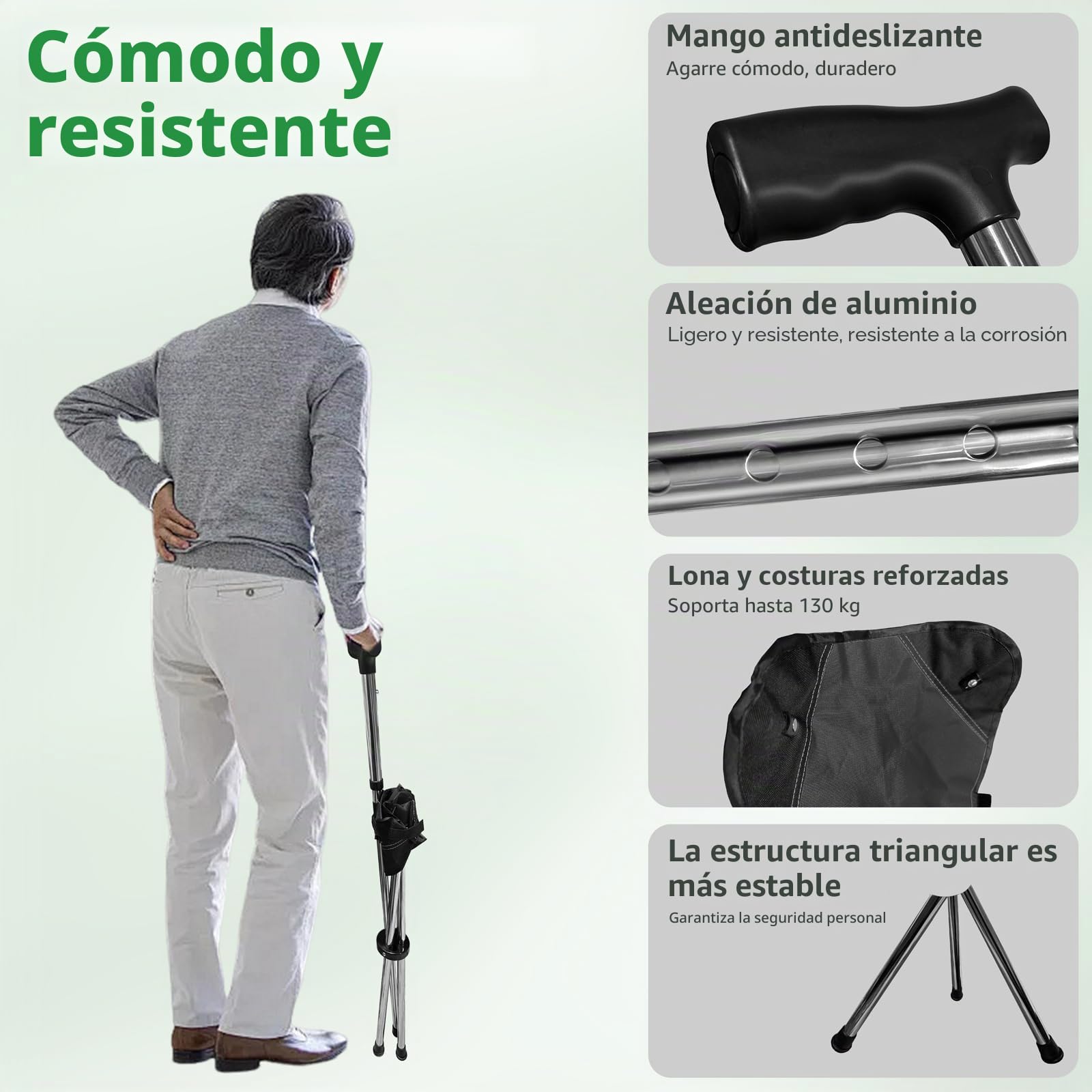 Bastón Plegable 2 en 1 con Asiento, Ajustable en Altura en 5 Niveles, Ligero y portátil, de Tres Patas, para Personas Mayores, Hombres y Mujeres