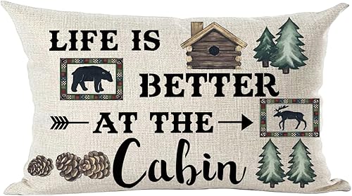 Ramirar Funda decorativa de almohada lumbar con frase en inglés "Life Is Better At The Cabin", diseño de oso y ciervos, para el hogar, sala de