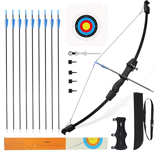Procener 45" Bow and Arrow Set for Kids, Archery Beginner Gift with 9 Arrows 2 Target Face, 1 Arm Guard and 1 Quiver, 18 Lb Recurve Bow Kit for Teen Outdoor Sports Game Hunting Toy (Black)
