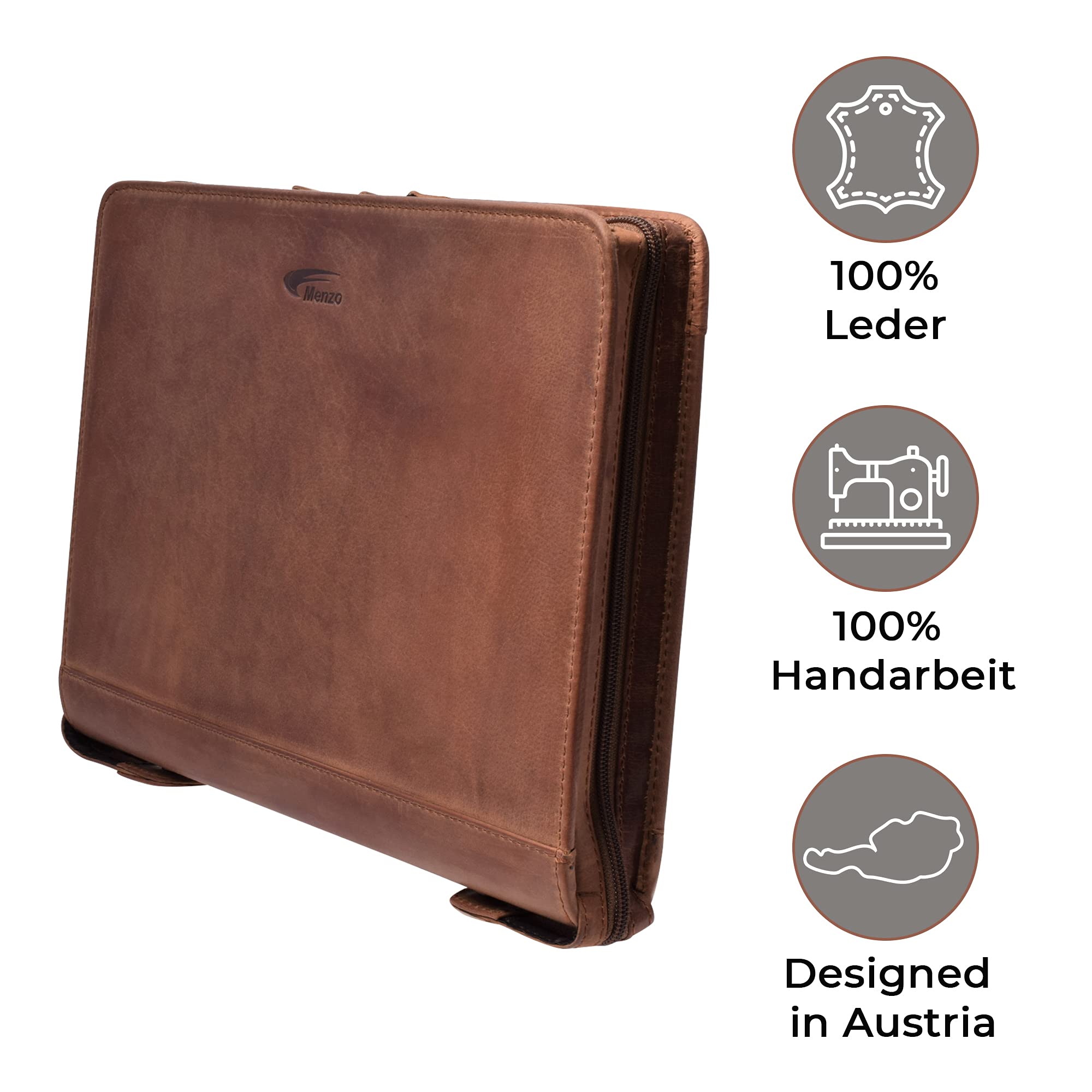 MENZO Lederschreibmappe, Dokumentenmappe, echtes Büffelleder Ledermappe, Schreibmappe, Businessmappe, Messenger bag, Mappe für Ringeinlagen, Konferenzmappe, Ledermappe, (braun/dunkelbraun)