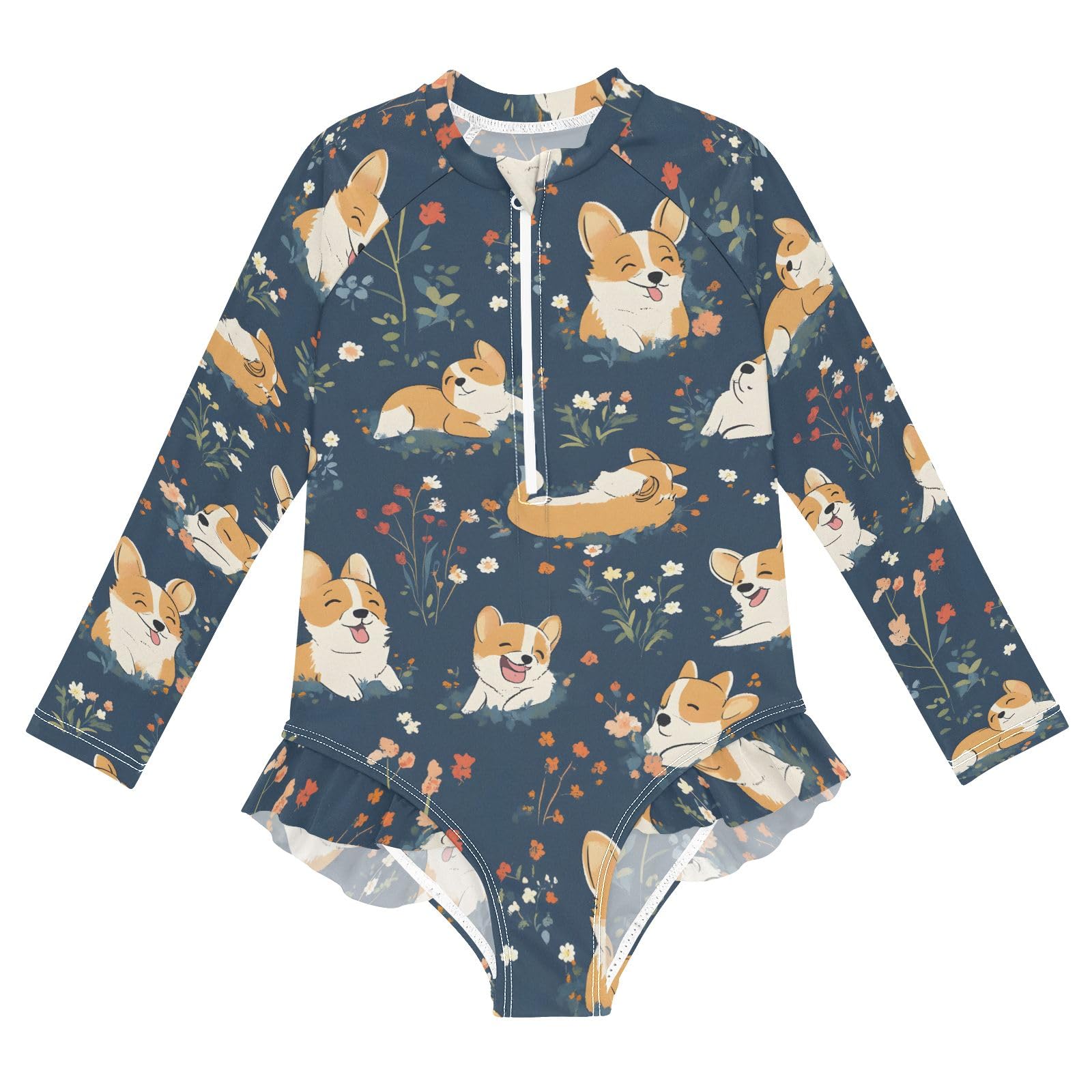 ALAZA Swimsuit for Girls Long Sleeve Rashguard Bathing Suit Corgis Poses Flower Quick Dry 4T