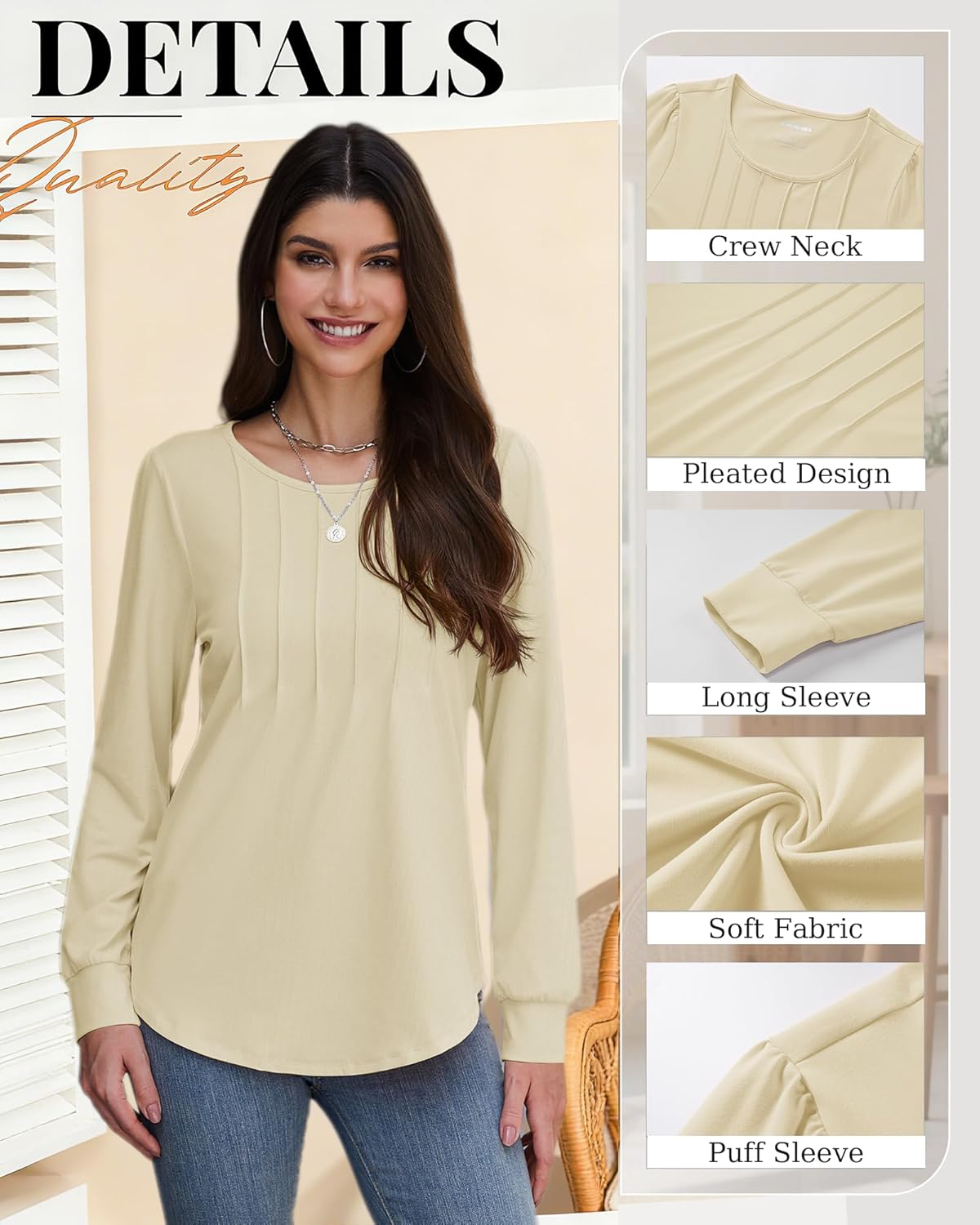 YUCOLEN Long Puff Sleeve Shirts for Women Pleated Crew Neck Tunic Tops Blouses Dressy Casual Fall Tops - Image 4