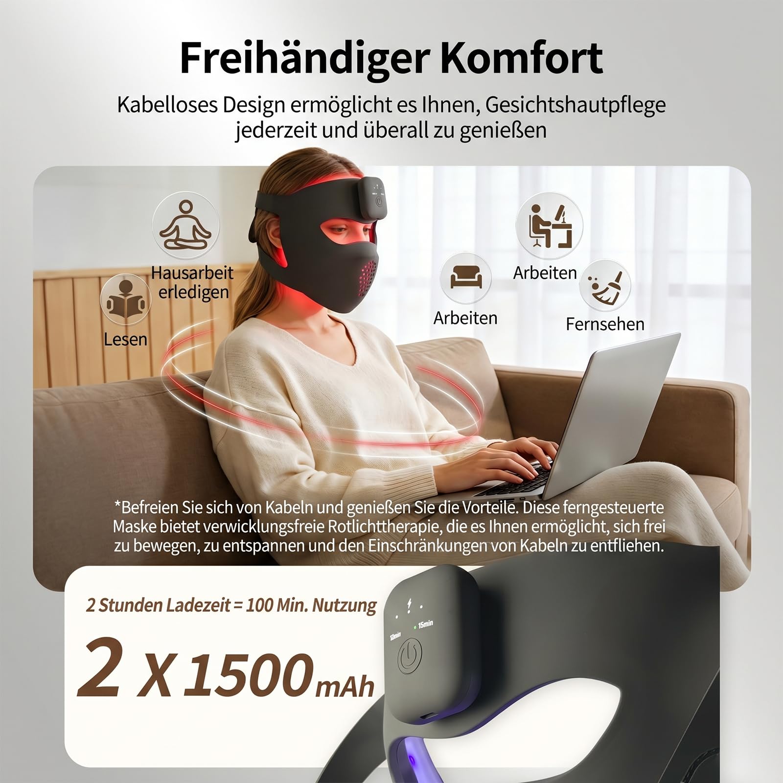 Gesichtsmasken-Lichttherapie, LED-Rotlichttherapie für das Gesicht, Infrarot- und Rotlichttherapie für das Gesicht, wiederaufladbares tragbares Rotlicht-Gesichtsgerät (Schwarz B)