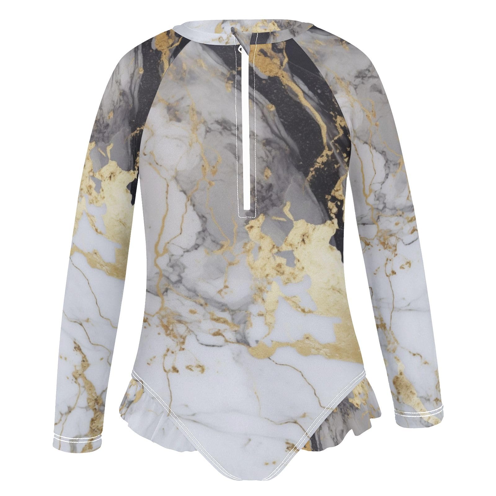 ALAZA Swimsuit for Girls Long Sleeve Rashguard Bathing Suit Marble White Gold Quick Dry 4T