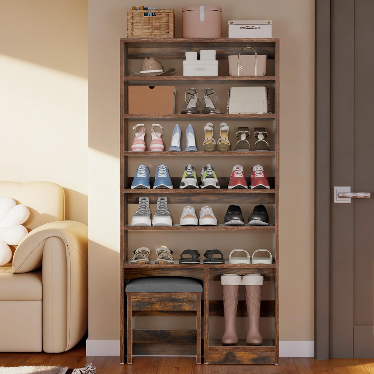 DWVO Shoe Cabinet with Hidden Bench, 8 Tiers Free Standing Shoe Racks, 70.9'' Tall Shoe Cabinet with Open Storage & High Boots Cubby for Entryway, Living Room, Rustic Brown