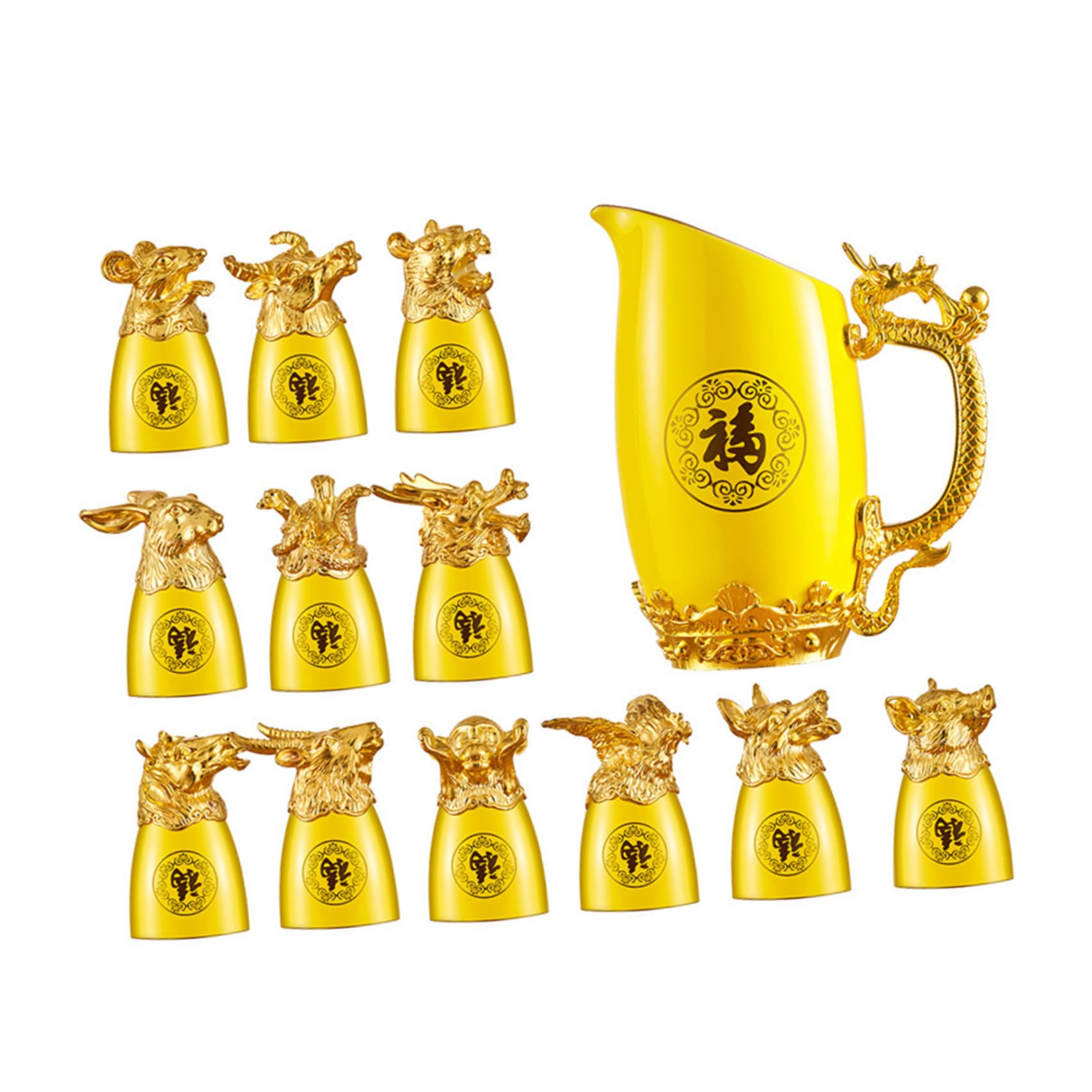 Set di 12 Bicchieri in Porcellana Zodiacali Cinesi per Vino Bianco Dosatore, Resistente e Raffinato, per Casa e Bar, Design Unico Animale Giallo Stili multipli