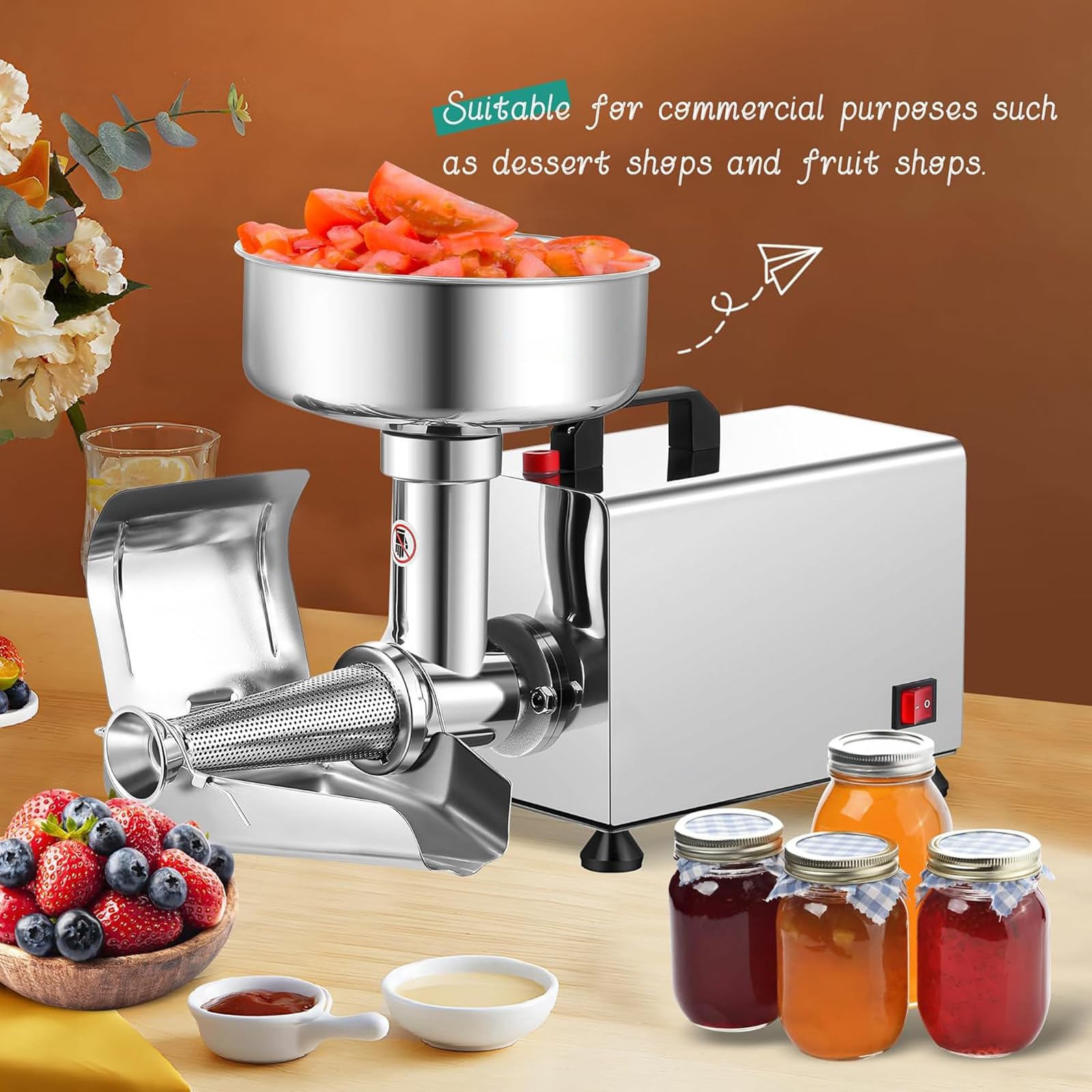 Colino elettrico per pomodoro, 450 W, per salsa di pomodori, fragole e mirtilli, motore in rame puro da 150 kg/h per una produzione efficiente di salse