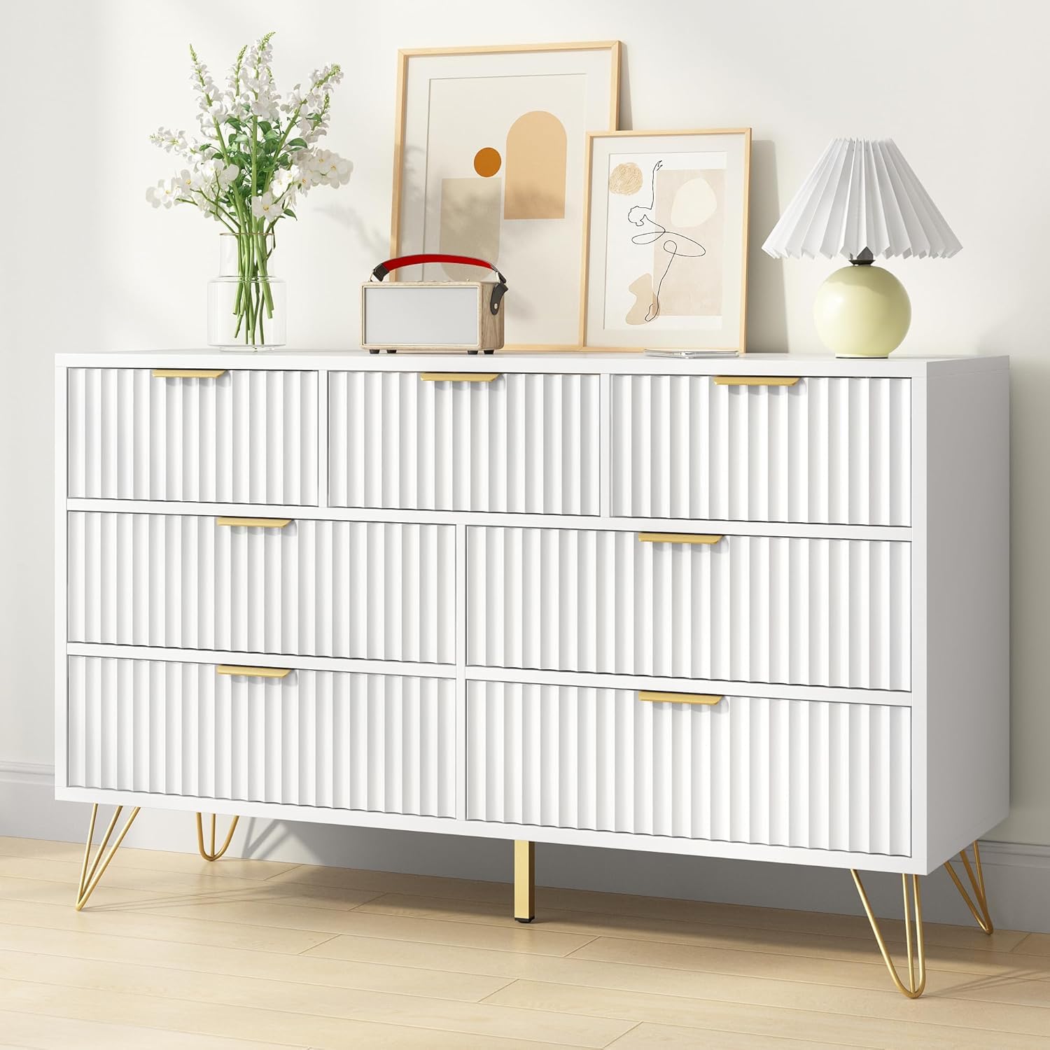 white gold dresser modern Amazon.com: BAZELOR White Dresser for Bedroom, 7 Drawers Dresser with  Golden Handles, Modern Wood Chest for Living Room, Hallway, Entryway : Home  & Kitchen