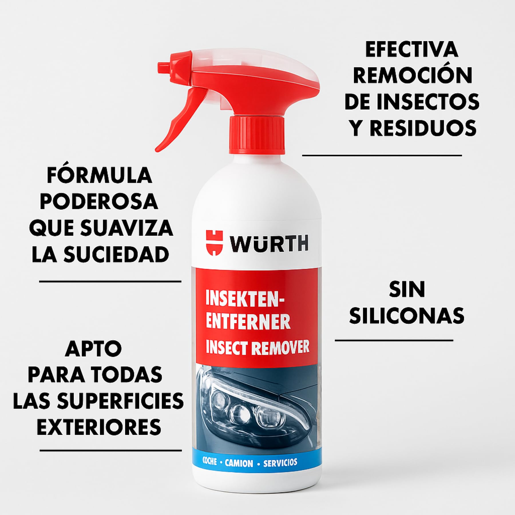 WURTH Eliminador de Insectos 500ml – Spray Espuma Activa para Cristales, Pintura, Cromo y Plásticos – Limpia Restos Secos sin Frotar – Ref. 08934700001