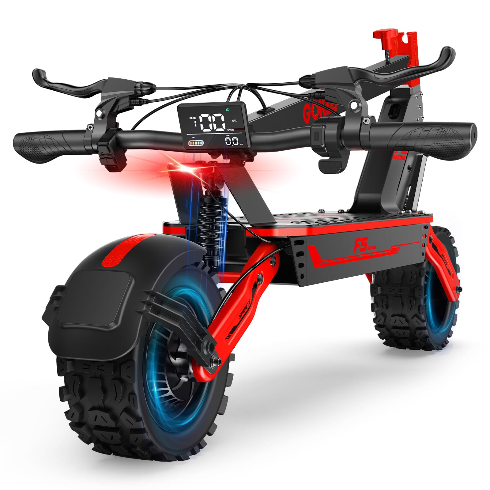 Trottinette électrique 11" pour adulte avec batterie 52 V 20 Ah, autonomie de 70 km, déverrouillage intelligent NFC et double frein à disque, tout-terrain pneumatique antidérapant, F5